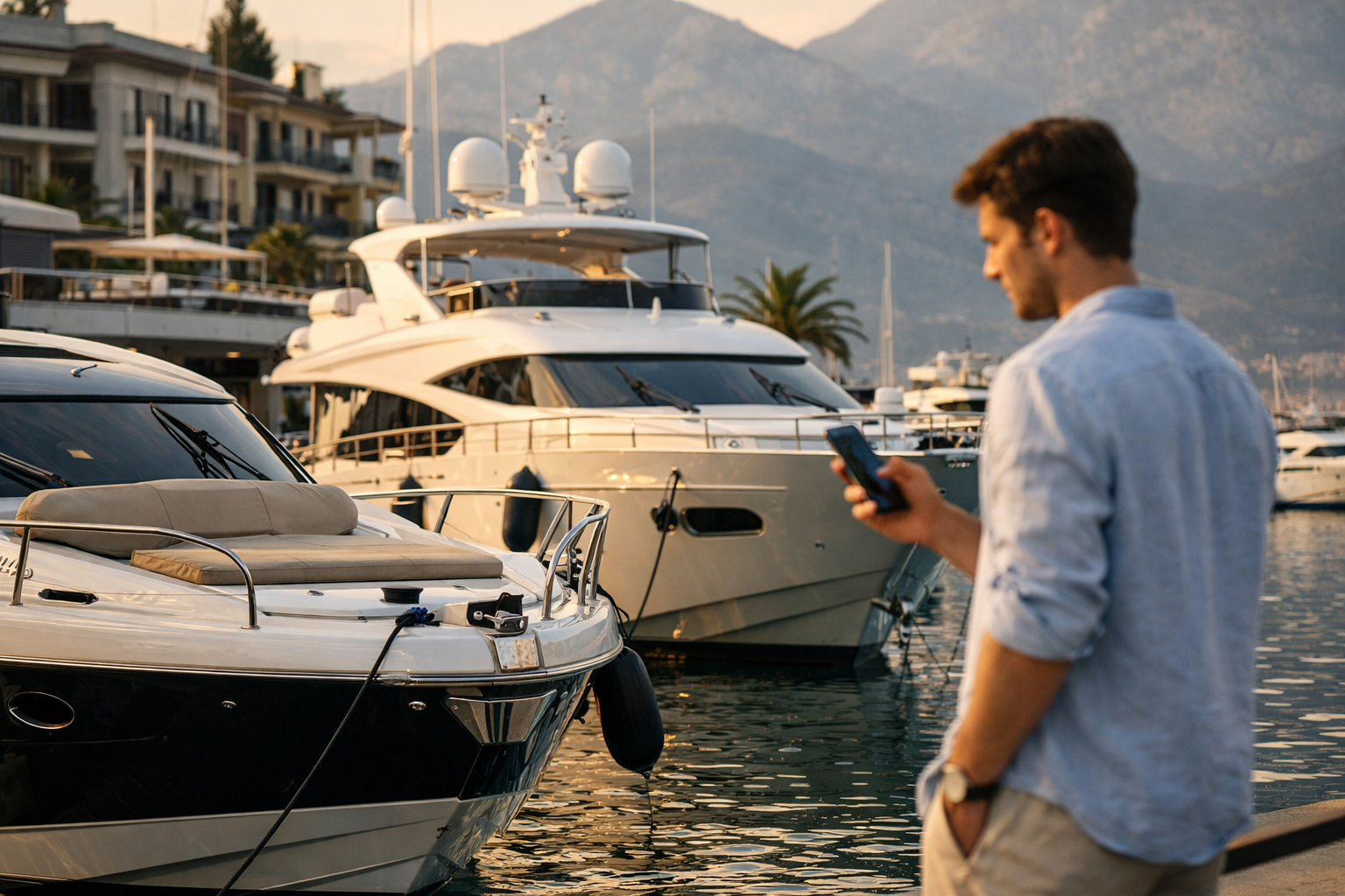 Porto Montenegro marina and a tourist with a smartphone