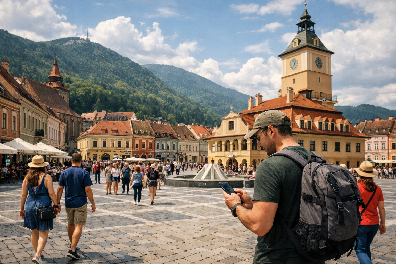 Brașov Old Town with colorful historic buildings.