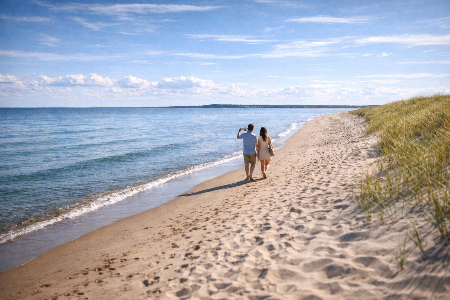 A Lemland beach in the Åland Islands with tourists and an eSIM-enabled smartphone