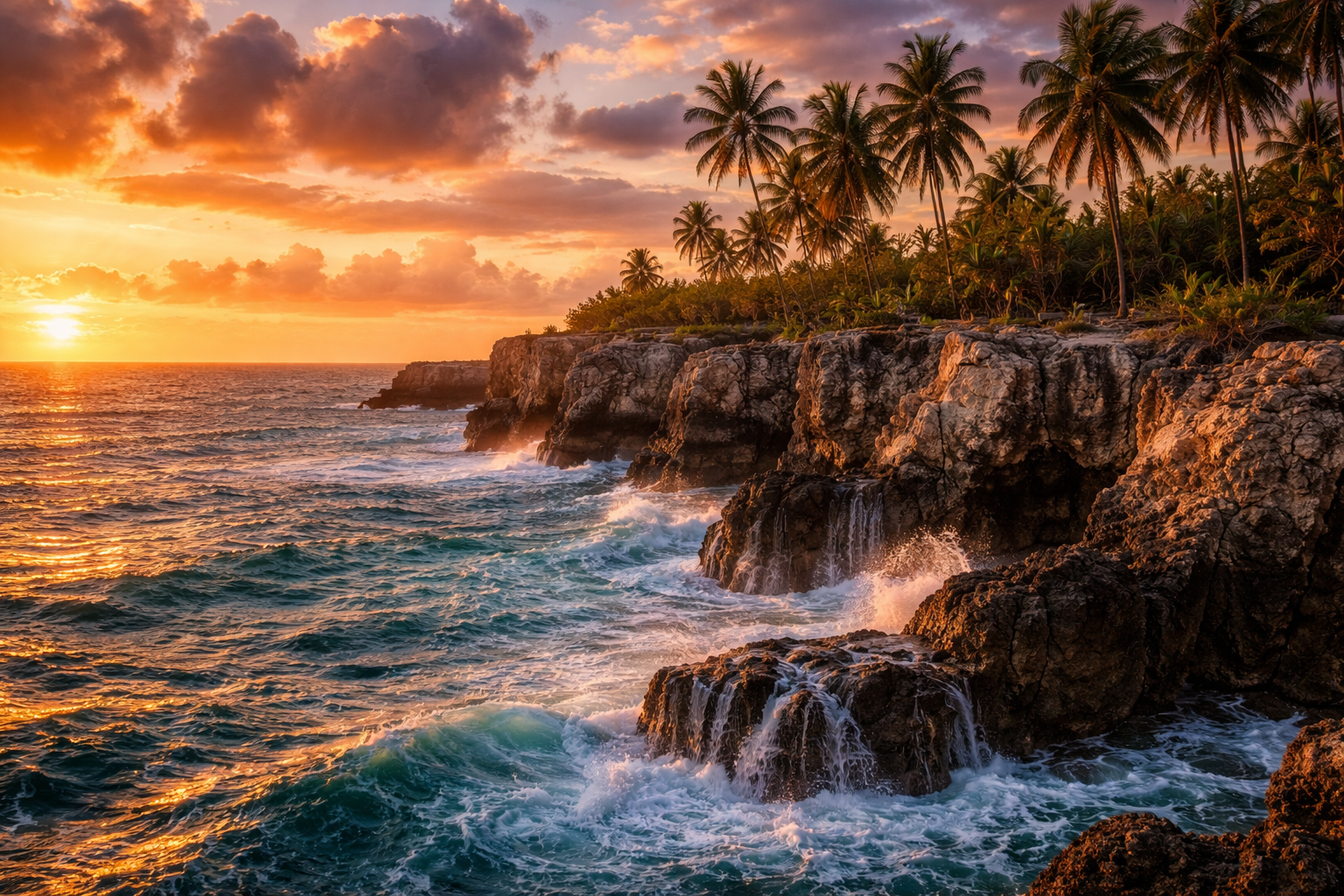 Sunset on Negril’s cliffs overlooking the Caribbean Sea