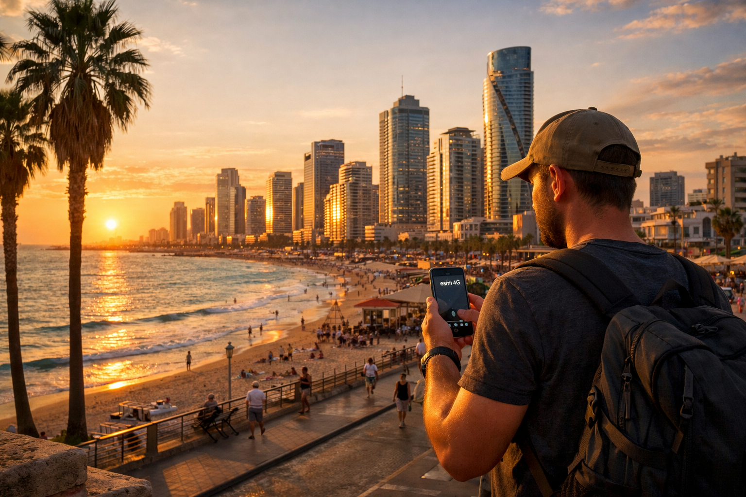 Panoramic view of Tel Aviv with skyscrapers and a traveler using a smartphone with an eSIM on the promenade