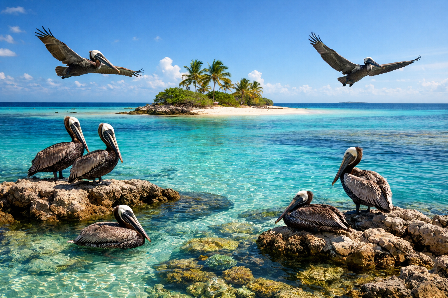 Pellicani sulle rocce nel Pelican Cay National Park alle Bahamas.