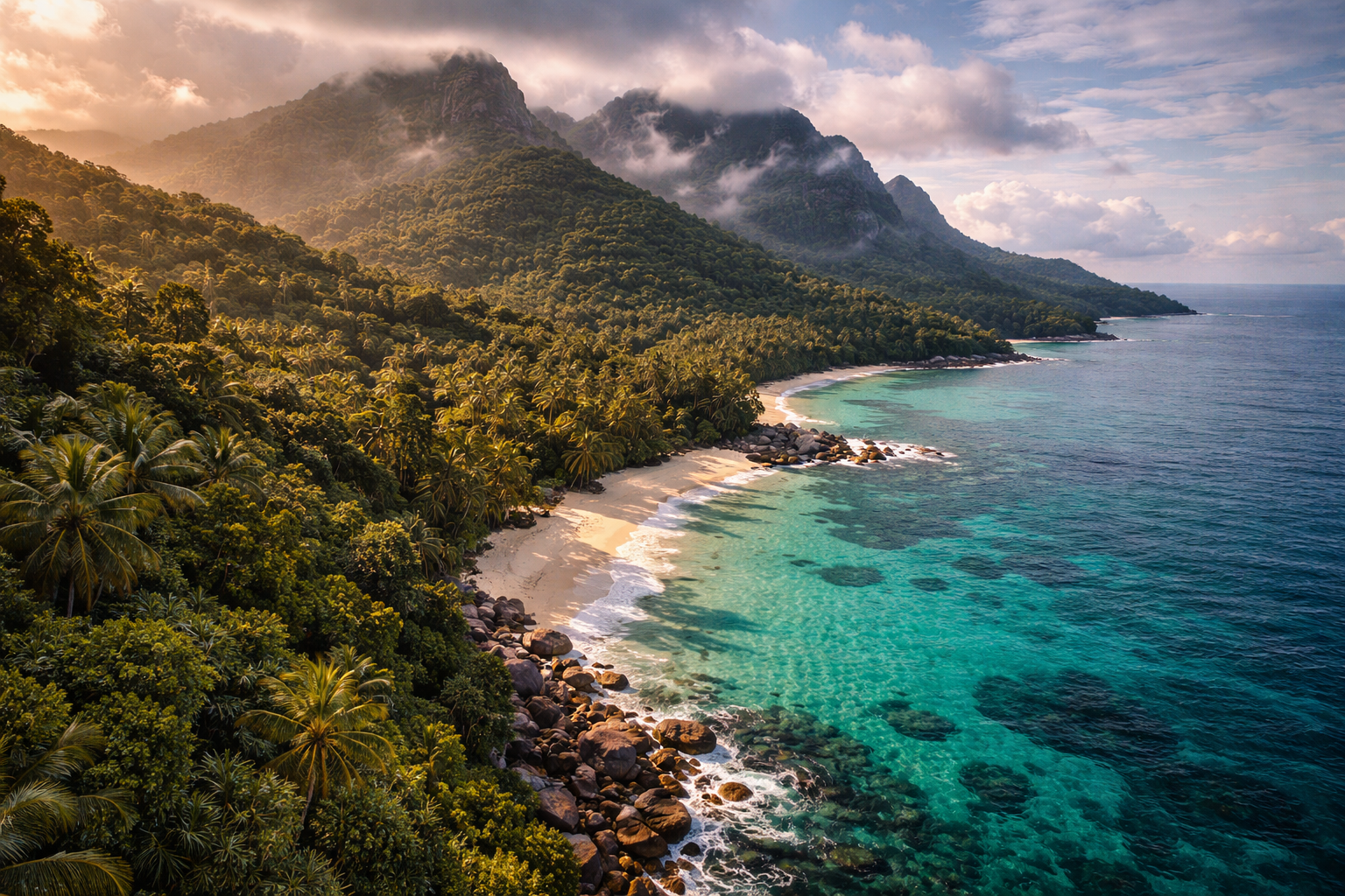 جزيرة سيلويت بجبالها وغاباتها الاستوائية وساحلها البري
