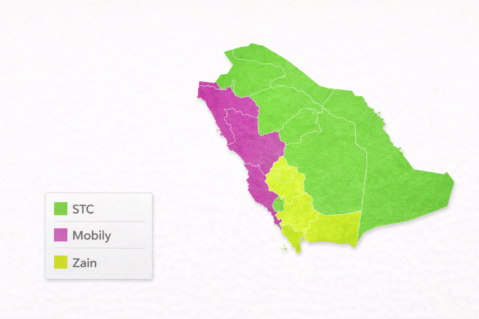 Mapa pokrytia mobilných operátorov Saudskej Arábie s vyznačením zón STC, Mobily a Zain rôznymi farbami