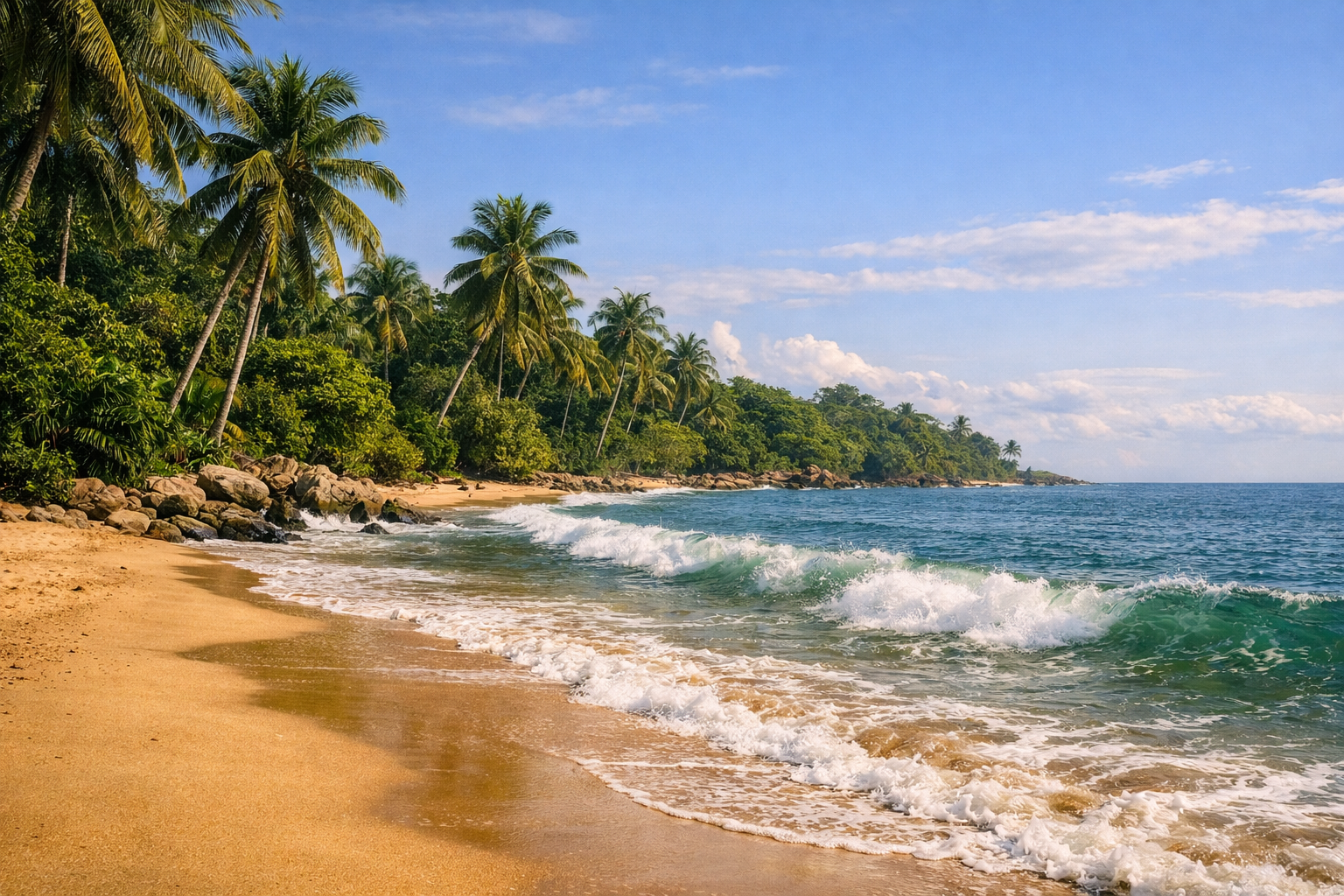Kribi beach in Cameroon with palm trees and Atlantic Ocean waves