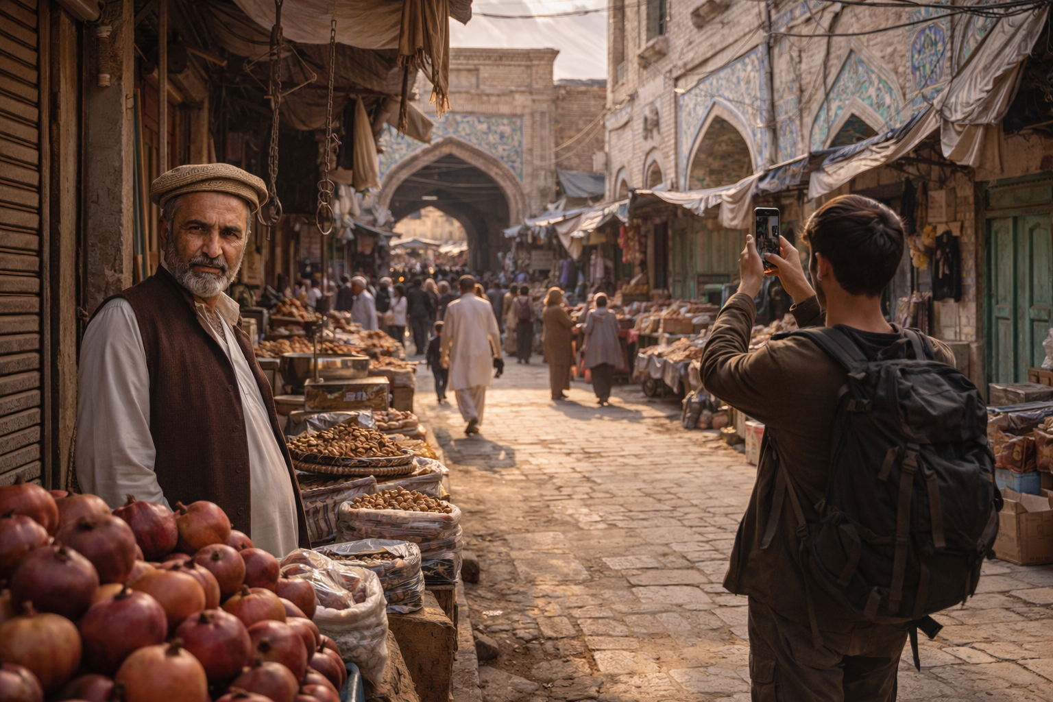 Streets of Kandahar and a traveler with a phone with eSIM