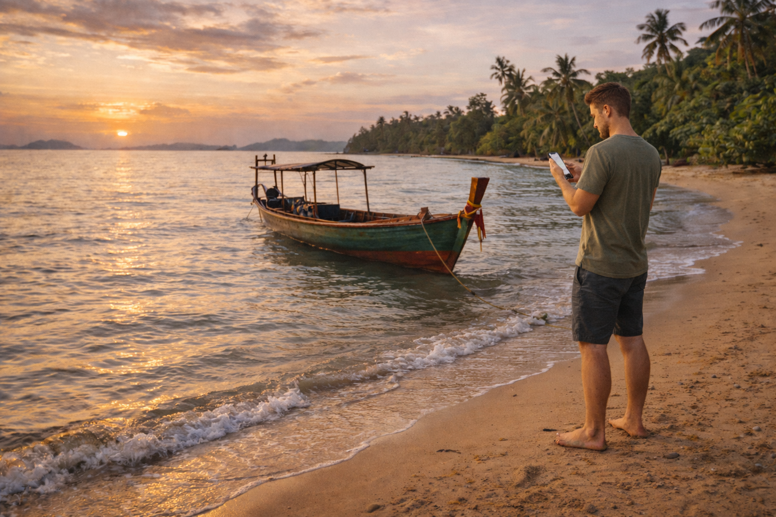 Koh Tonsay island and a tourist coordinating a transfer via eSIM