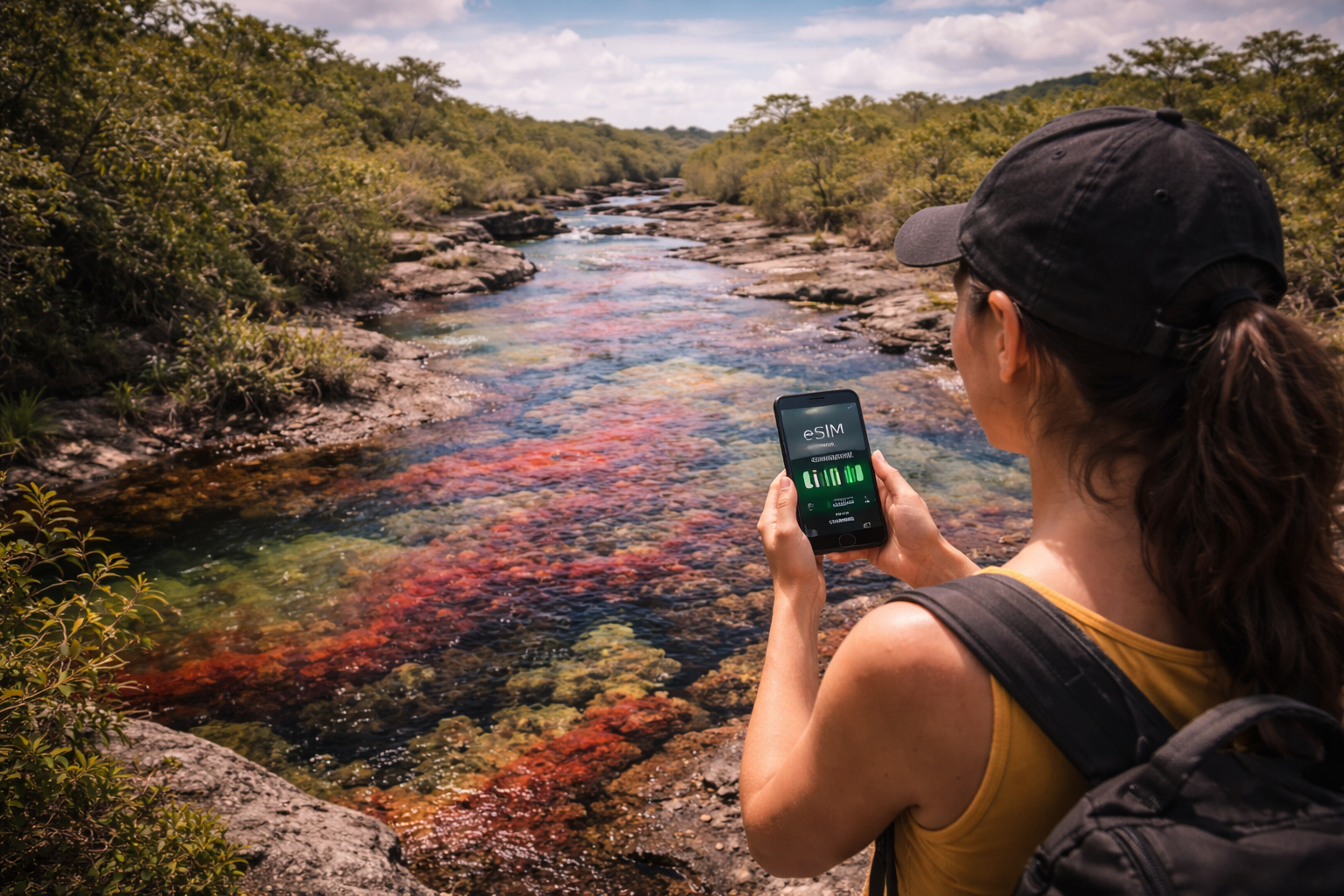Putnica pored raznobojne reke Kanjo Kristales koristi pametni telefon sa eSIM internetom