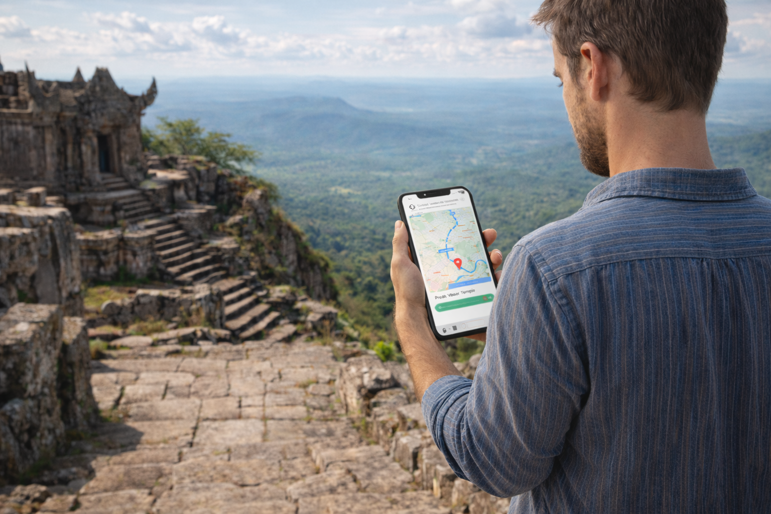Preah Vihear Temple on a cliff and a tourist using navigation via eSIM