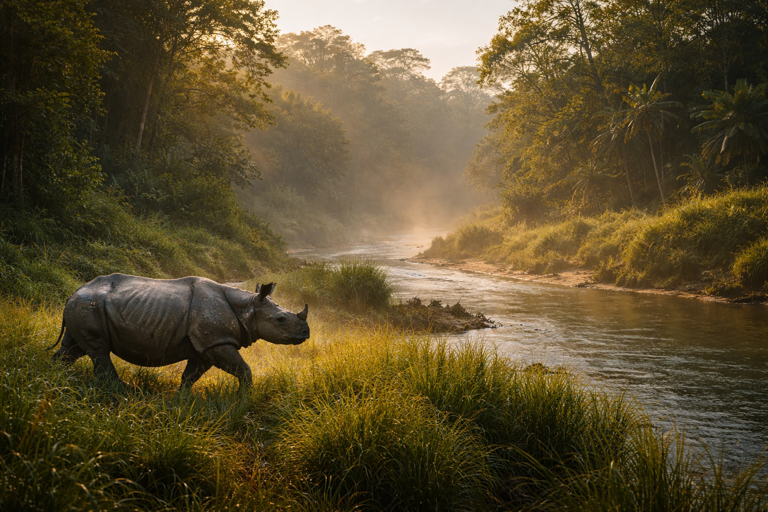 La giungla tropicale del Parco Nazionale di Chitwan e un rinoceronte