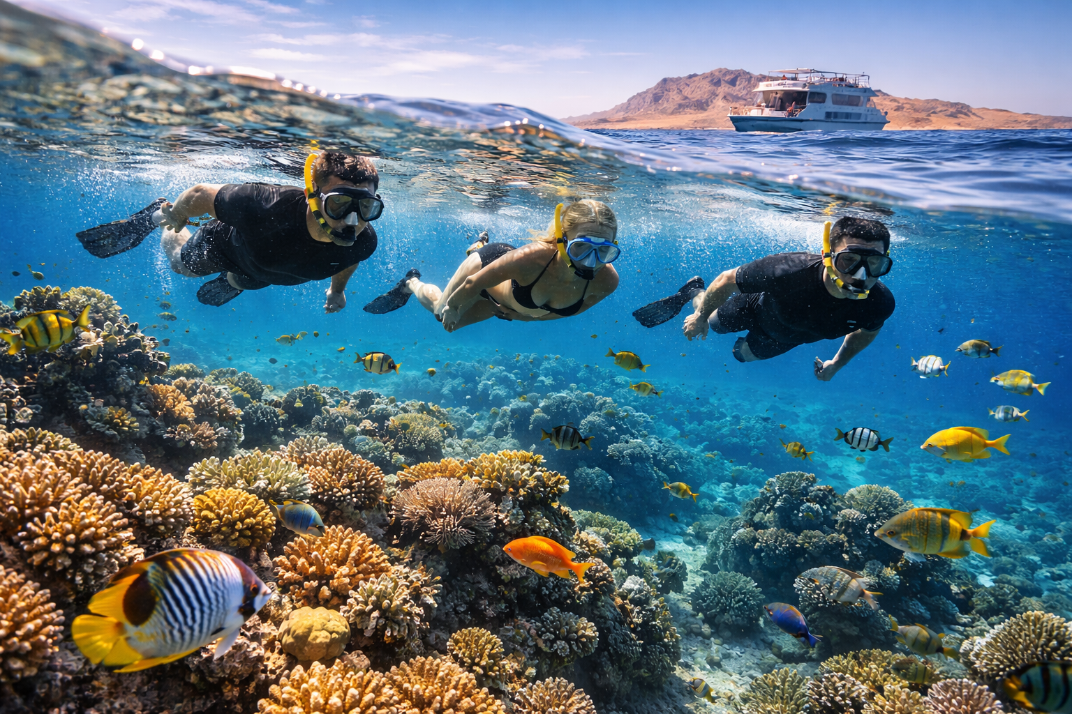 Tiran Island and the turquoise Red Sea with boats and tourists — vacation in Egypt with eSIM internet