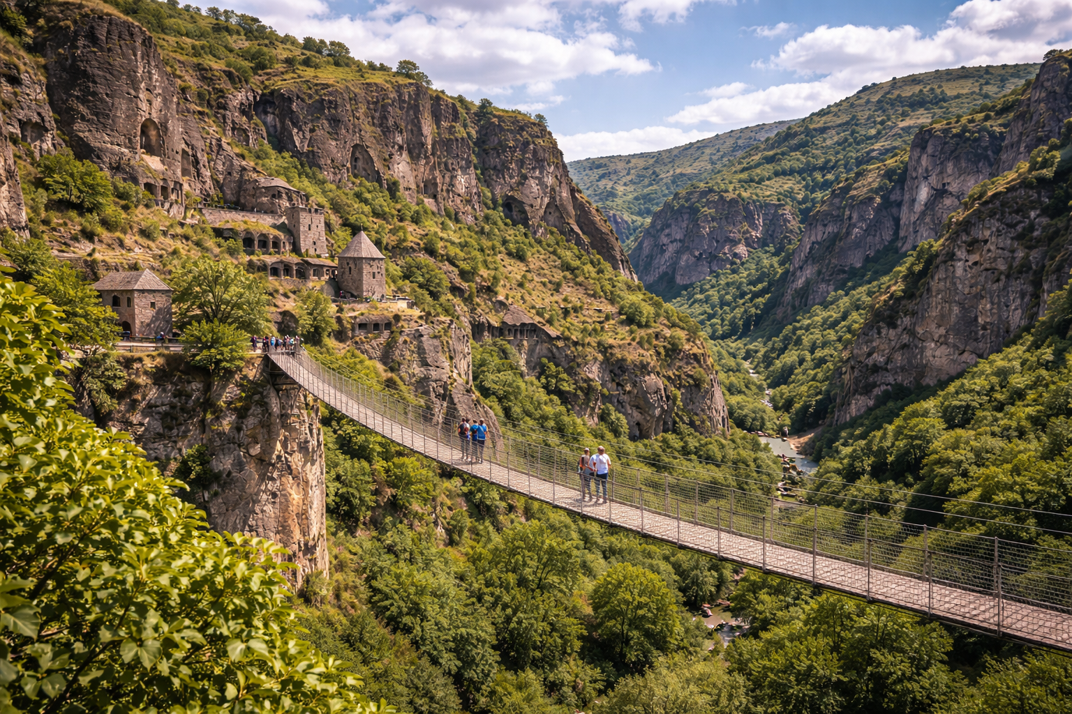 Khndzoresk cave town with a suspension bridge