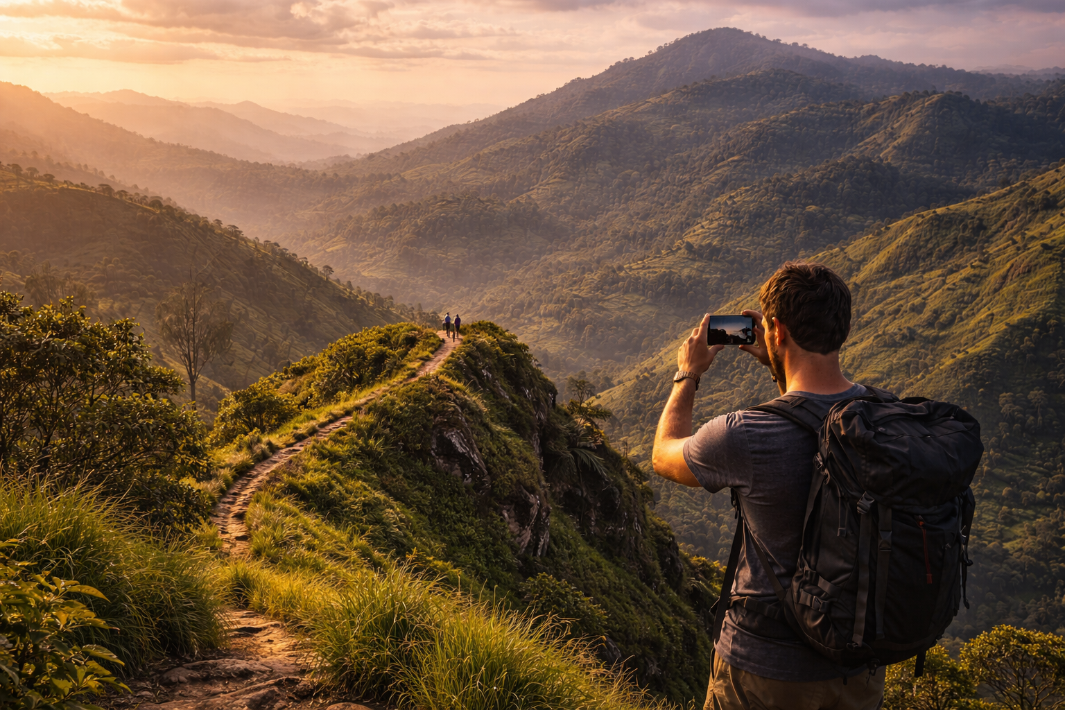 Little Adam’s Peak viewpoint overlooking Sri Lanka’s green mountains and tea plantations.