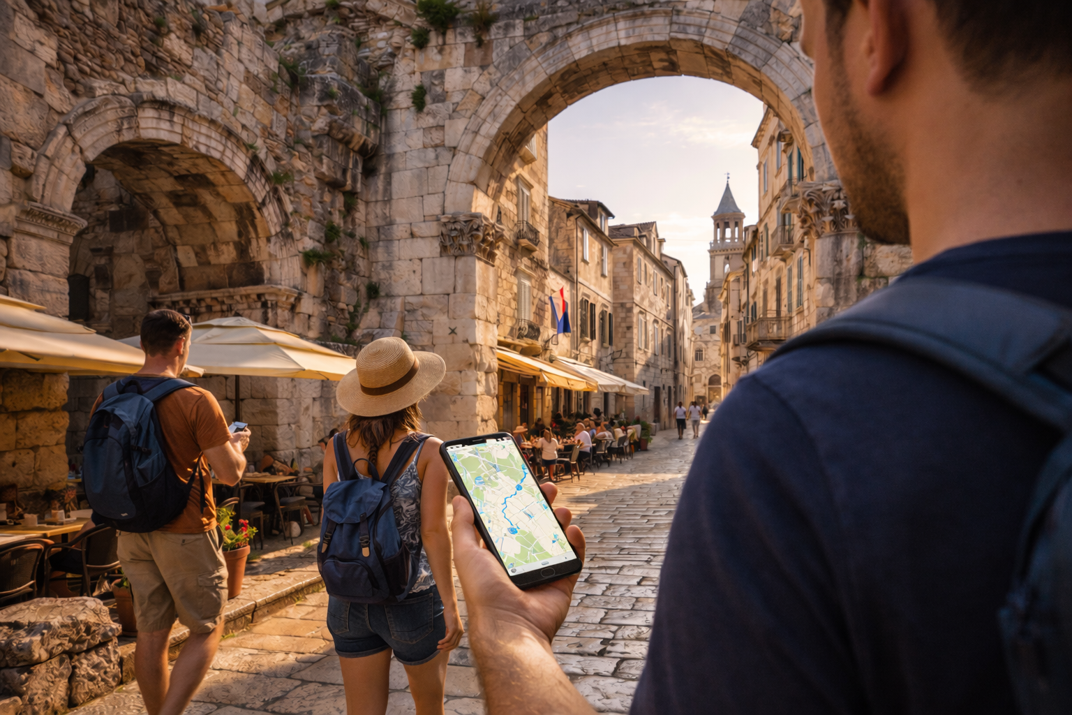 I turisti usano Internet eSIM sullo smartphone durante la visita al Palazzo di Diocleziano a Spalato