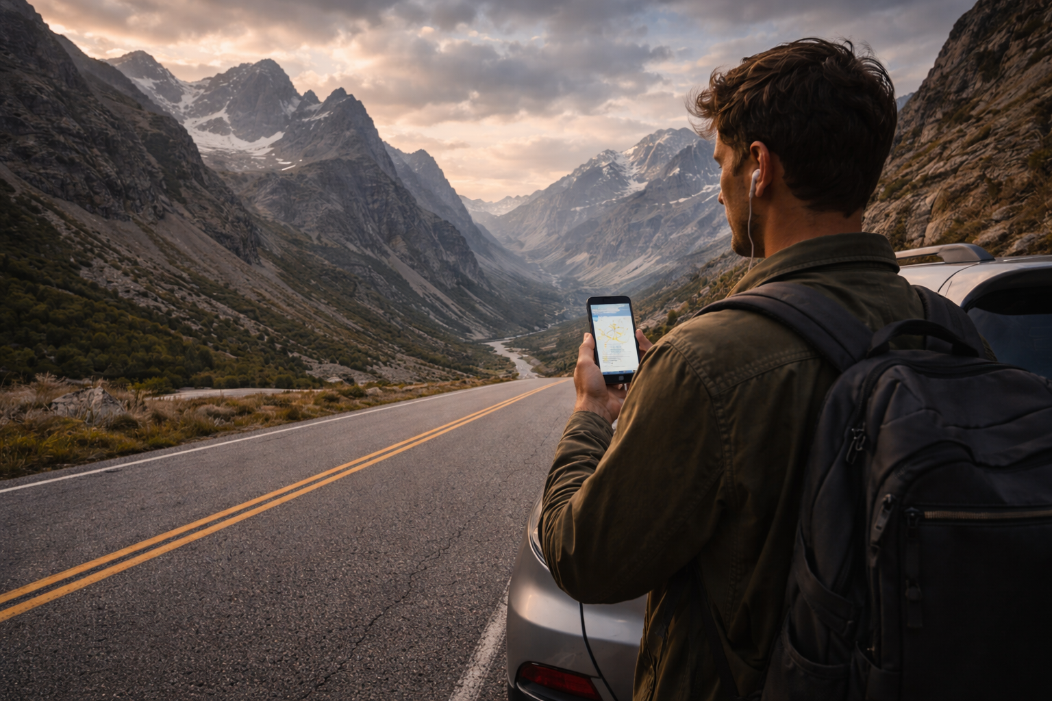 A wide-angle shot of a mountain road stretching between high ridges; a car is pulled over on the shoulder, the driver stands with their back to the camera checking the weather forecast on a smartphone; the screen is partly visible, mountains dominate the composition.