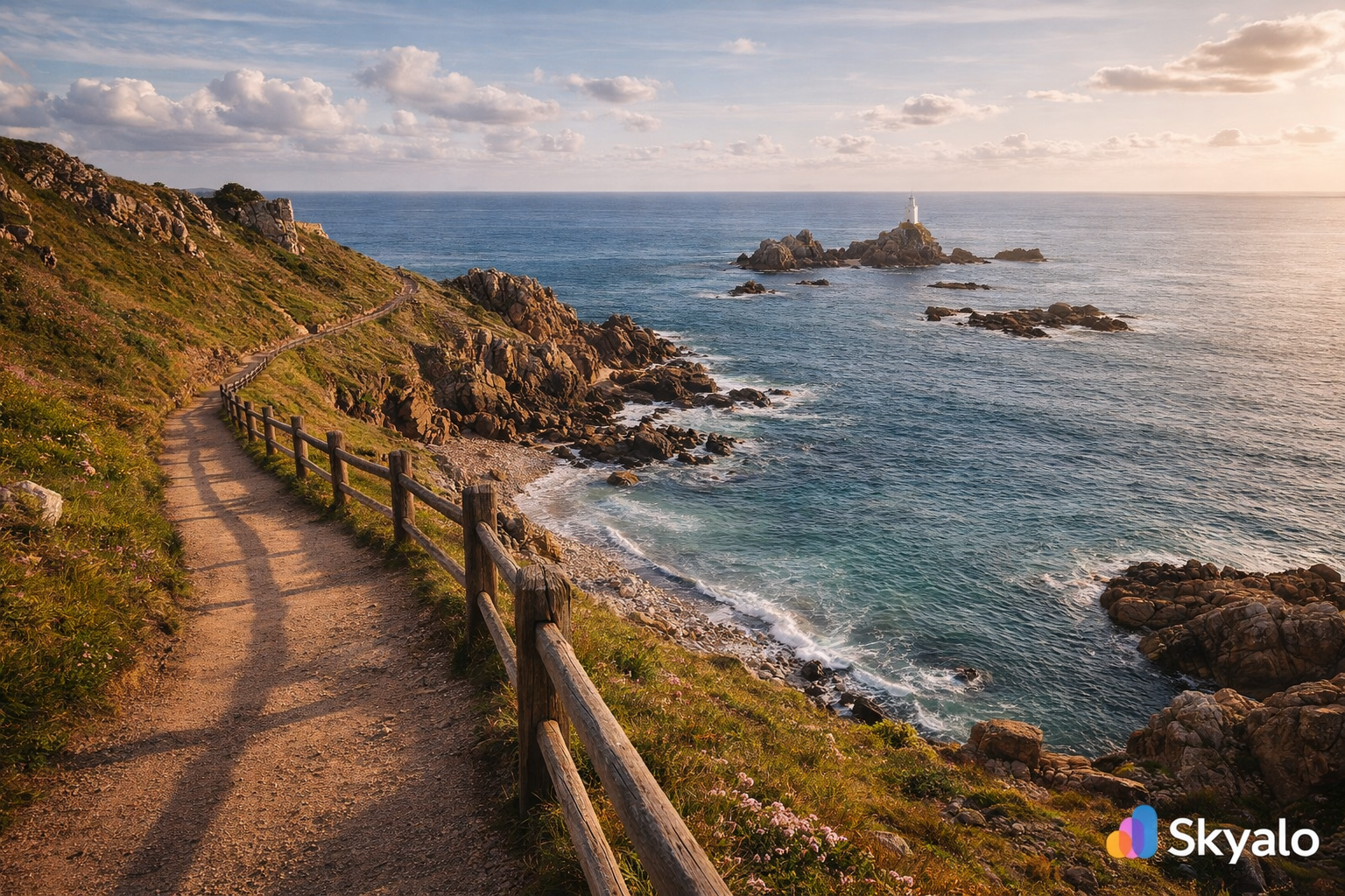 מסלול החוף לה קורבייר בג'רזי עם שביל לאורך הים, צוקים, פנורמות פתוחות ומגדלור מרחוק.
