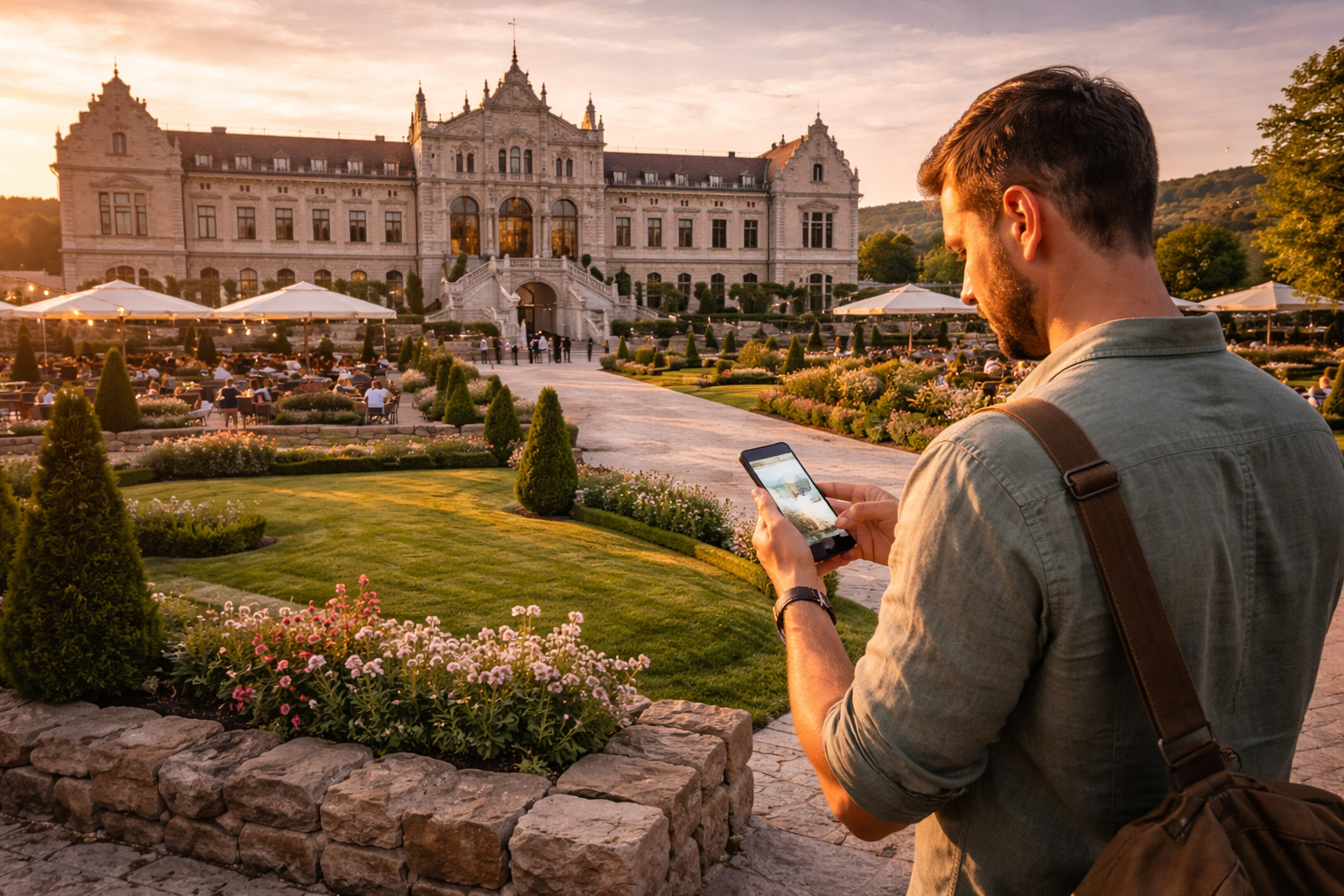 קסטל מימי במולדובה עם אדריכלות יפה, חצר מטופחת ומטייל שמשתמש ב-eSIM בסמארטפון ליד היקב.