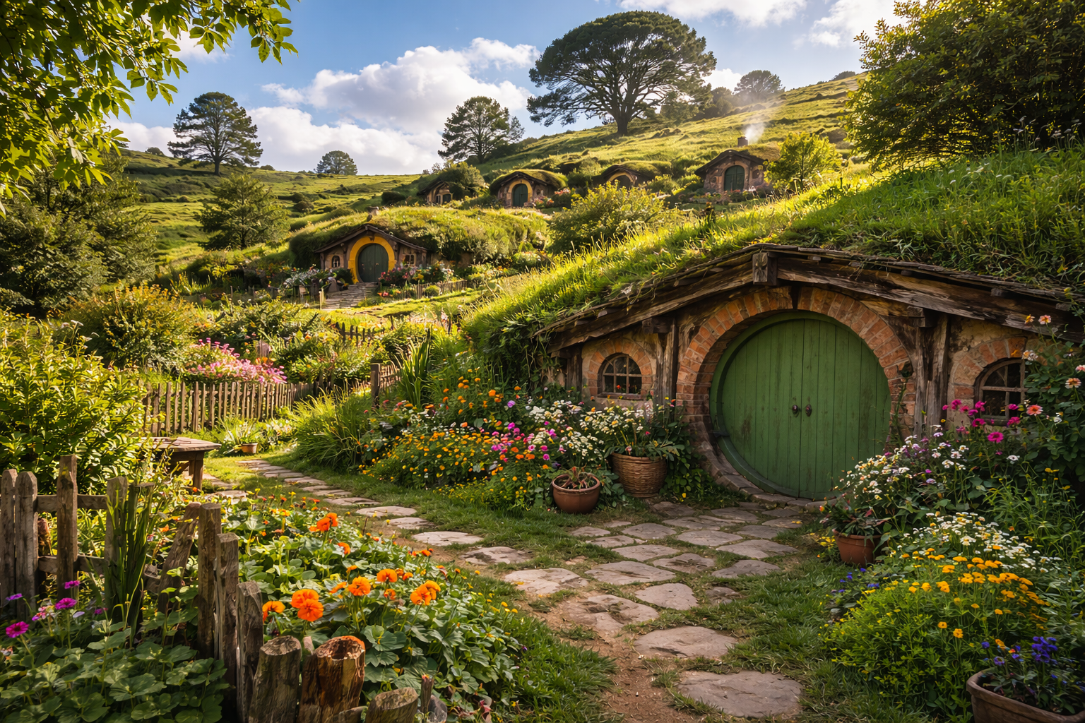 Hobitona ciems ar namiņiem uz zaļiem pakalniem