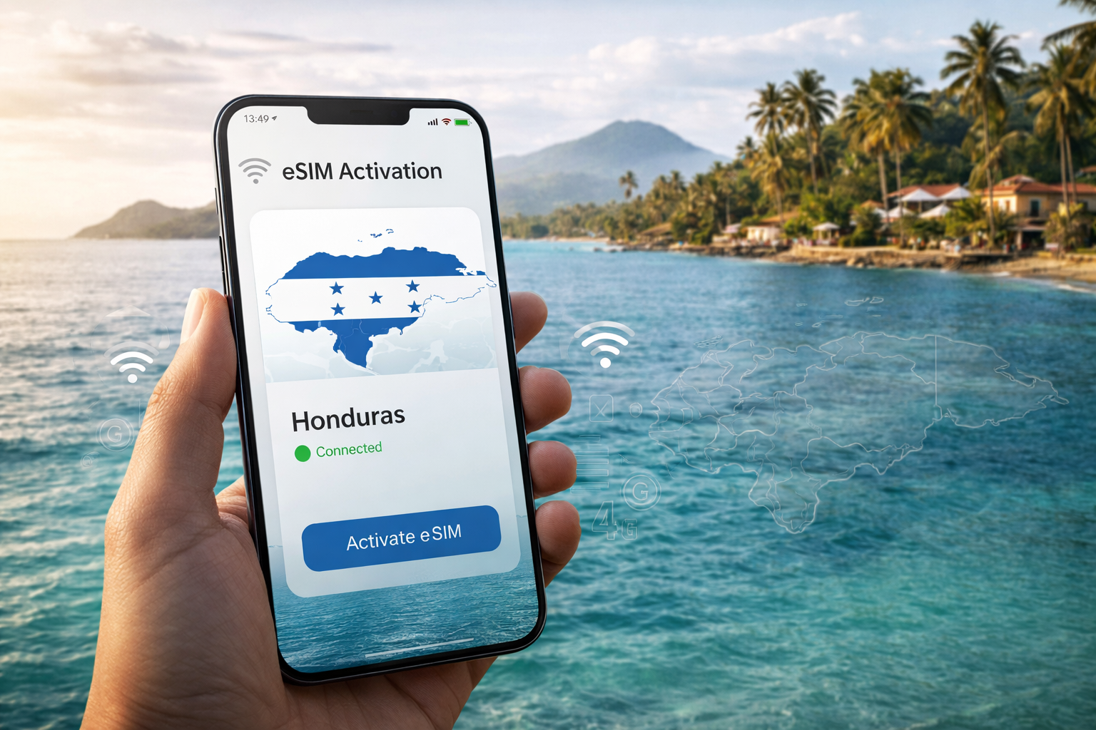 סמארטפון עם ממשק הפעלה של eSIM להונדורס על רקע החוף הקריבי, דקלים ונוף טרופי.