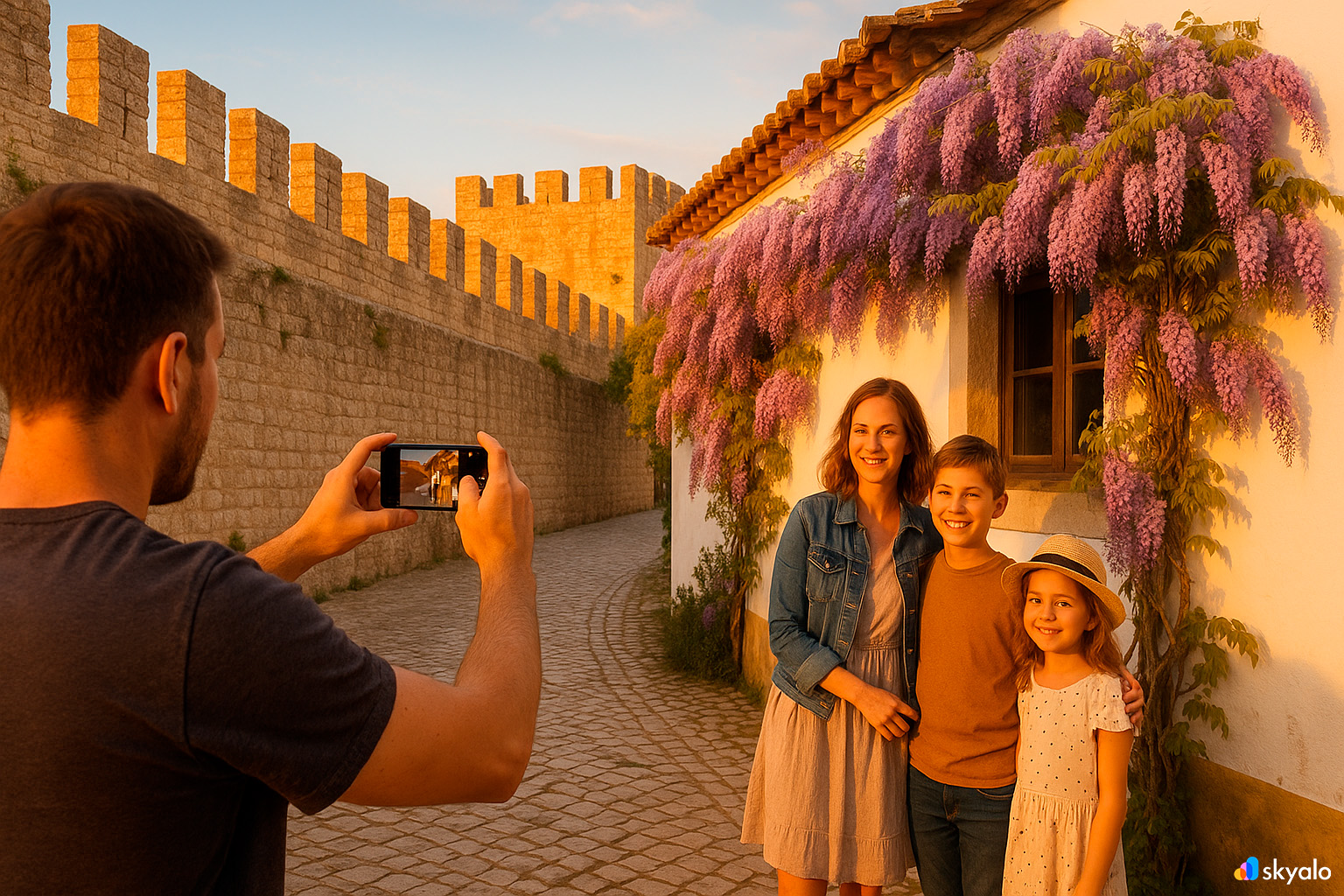 Father photographing his family atop Óbidos’ wall; white houses and purple flowers beneath a sunset sky