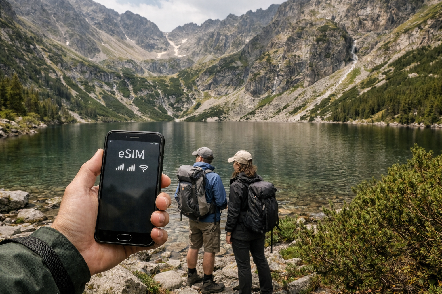 مسافرون في حديقة تاترا الوطنية يستخدمون هواتف ذكية مع إنترنت eSIM