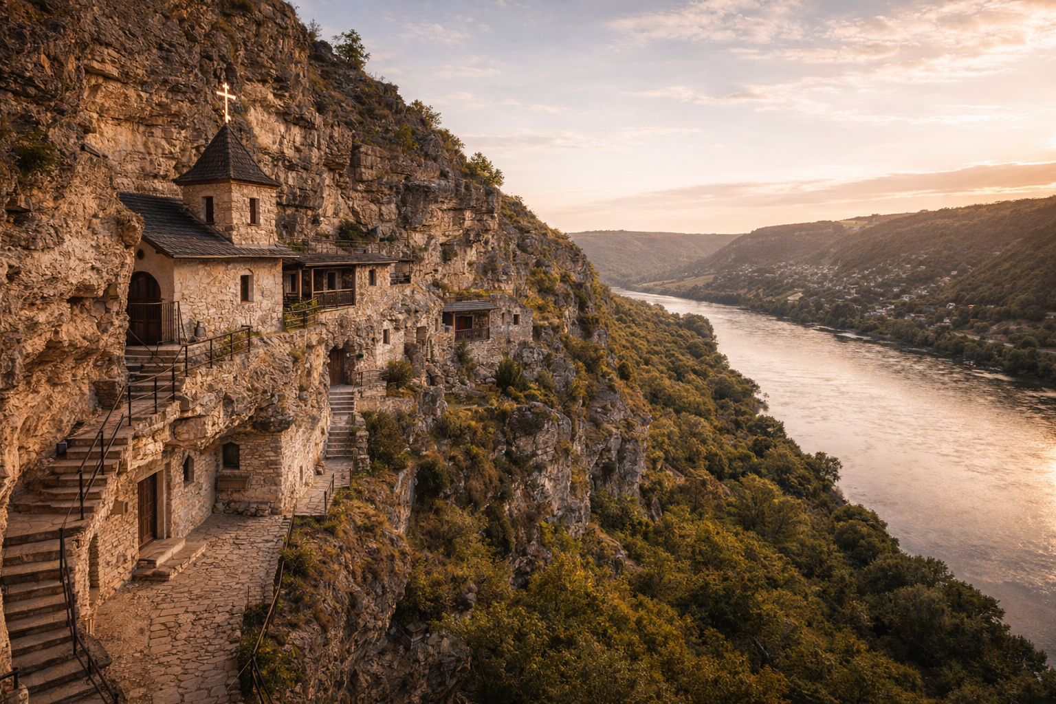המנזר החצוב בסלע בציפובה במולדובה מעל הנהר, עם נוף תלול, מבט רחב על הדנייסטר ואור חם.
