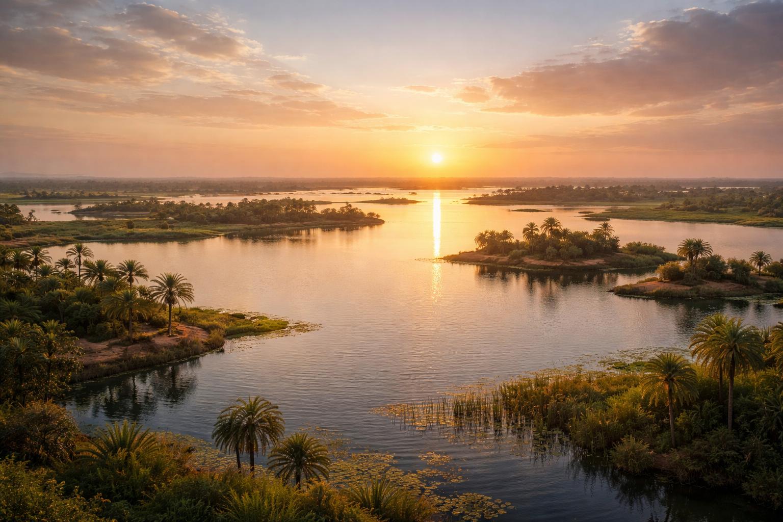אגם צ'אד עם איים ומשטח מים שקט בשקיעה