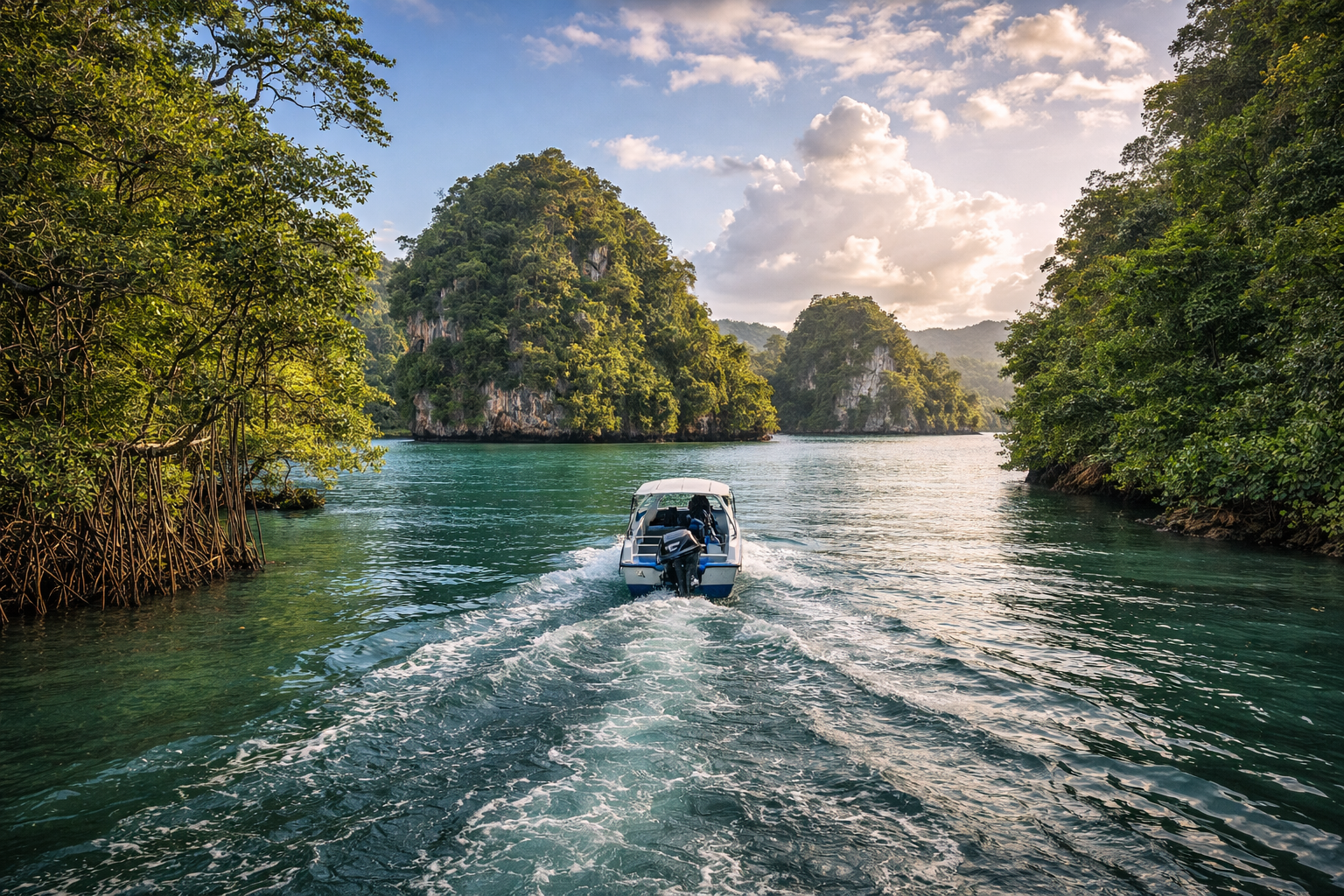 Una barca travessant els canals de manglars del Parc Nacional Los Haitises