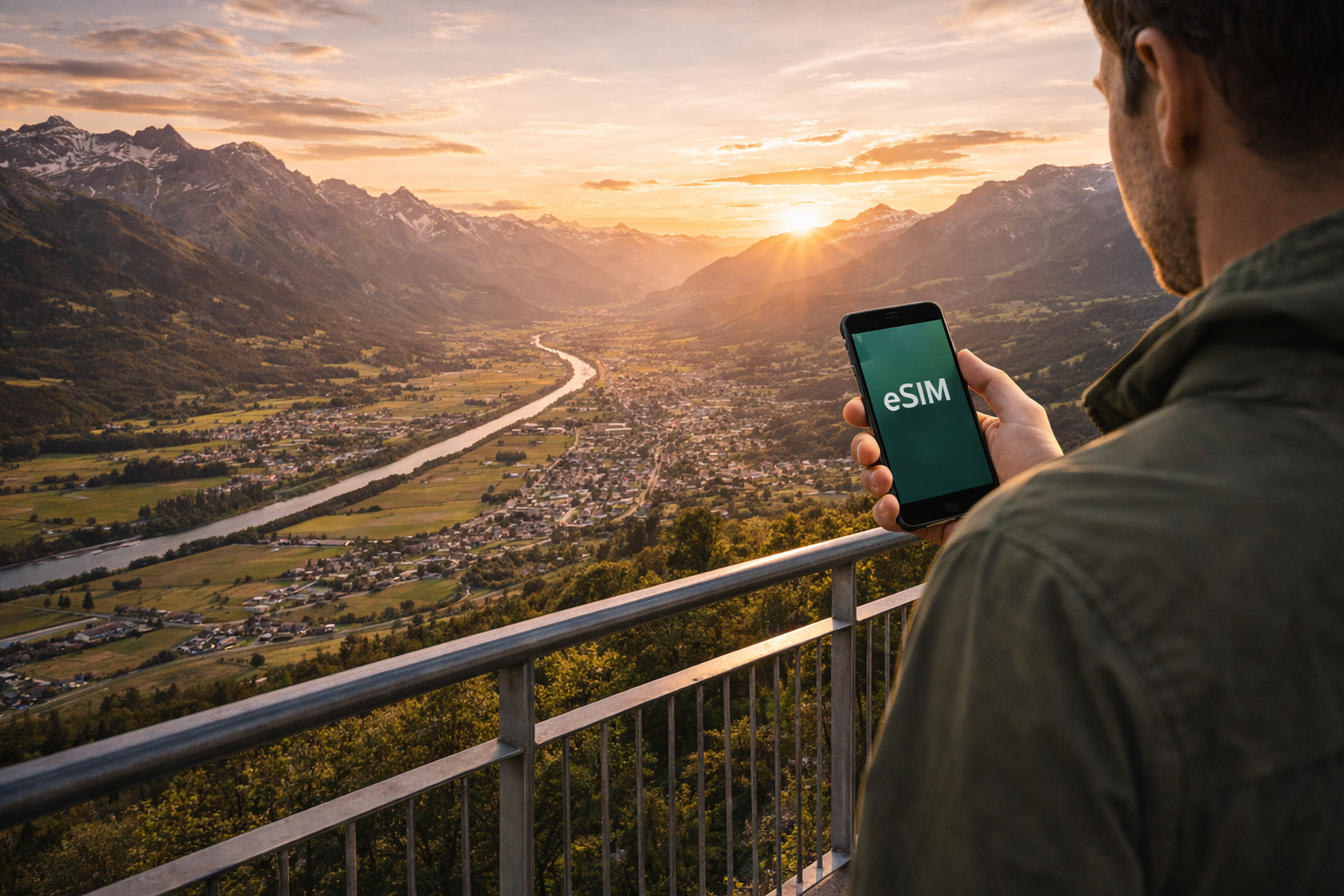 A viewpoint overlooking the valley and mountains, with a traveler using eSIM on a smartphone