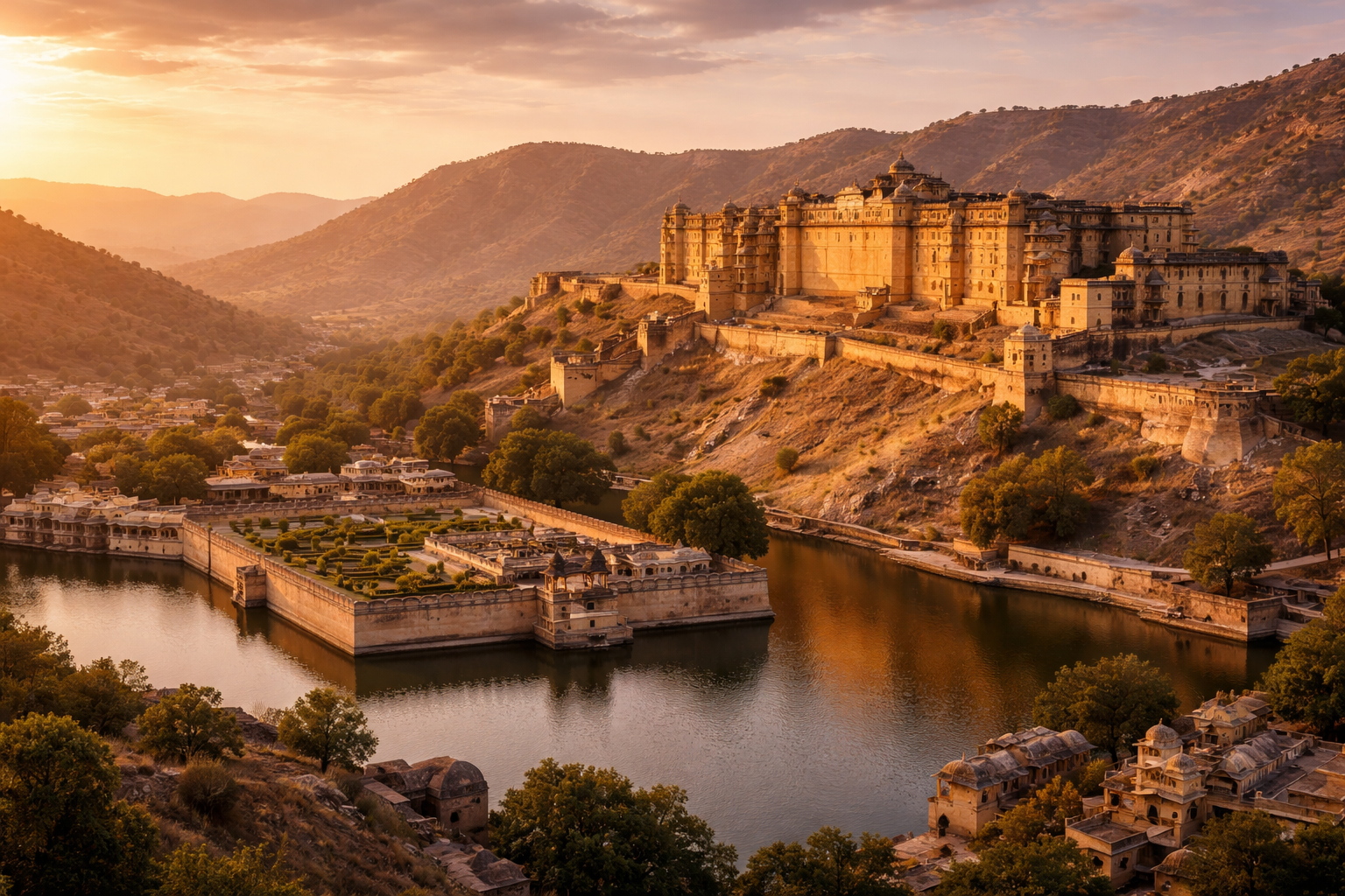 جے پور کے قریب عظیم آمبر فورٹ گرم سورج کے نیچے، محل نما دیواریں، پتھریلے برآمدے اور اطراف کا پینورامک منظر۔