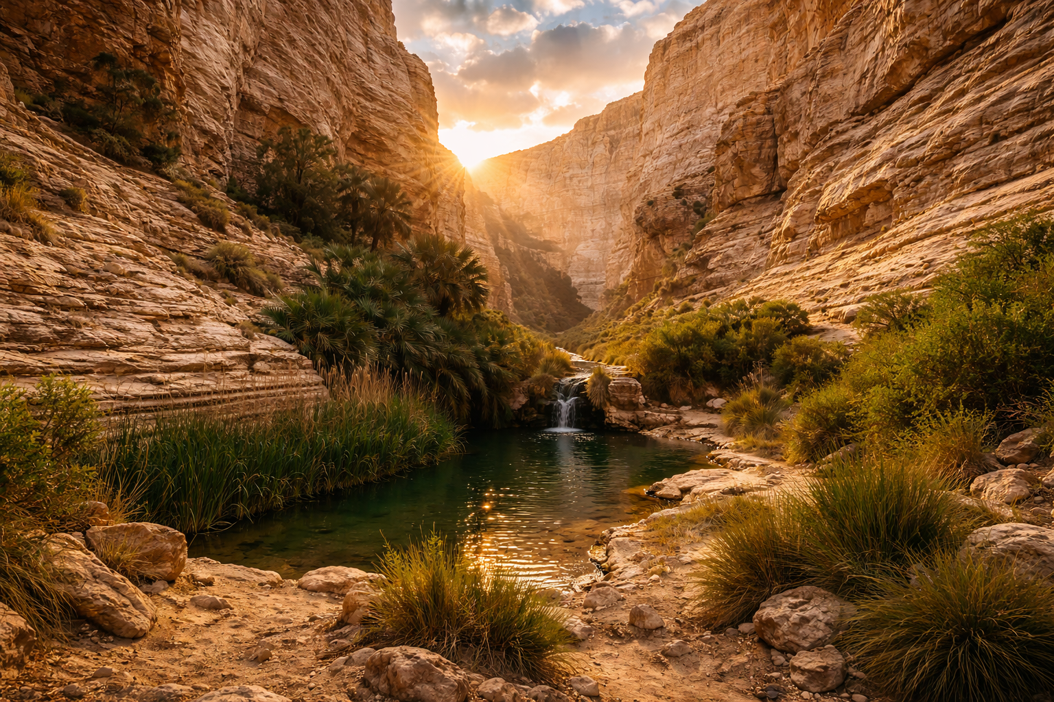 Ein Avdat Canyon in the Negev Desert with high cliffs and a narrow gorge
