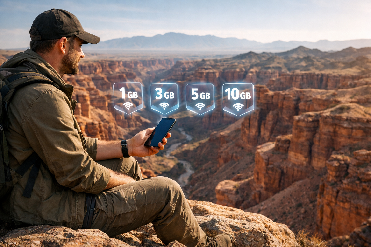 مسافر يحمل هاتفاً ذكياً مع أيقونات مرئية 1 GB و3 GB و5 GB و10 GB على خلفية وادي شارين في كازاخستان