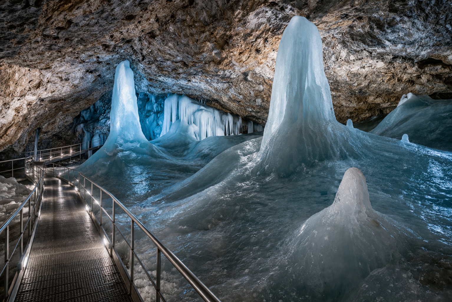 מערת הקרח דובשינסקה עם אולמות קרח וזוהר כחול בפנים