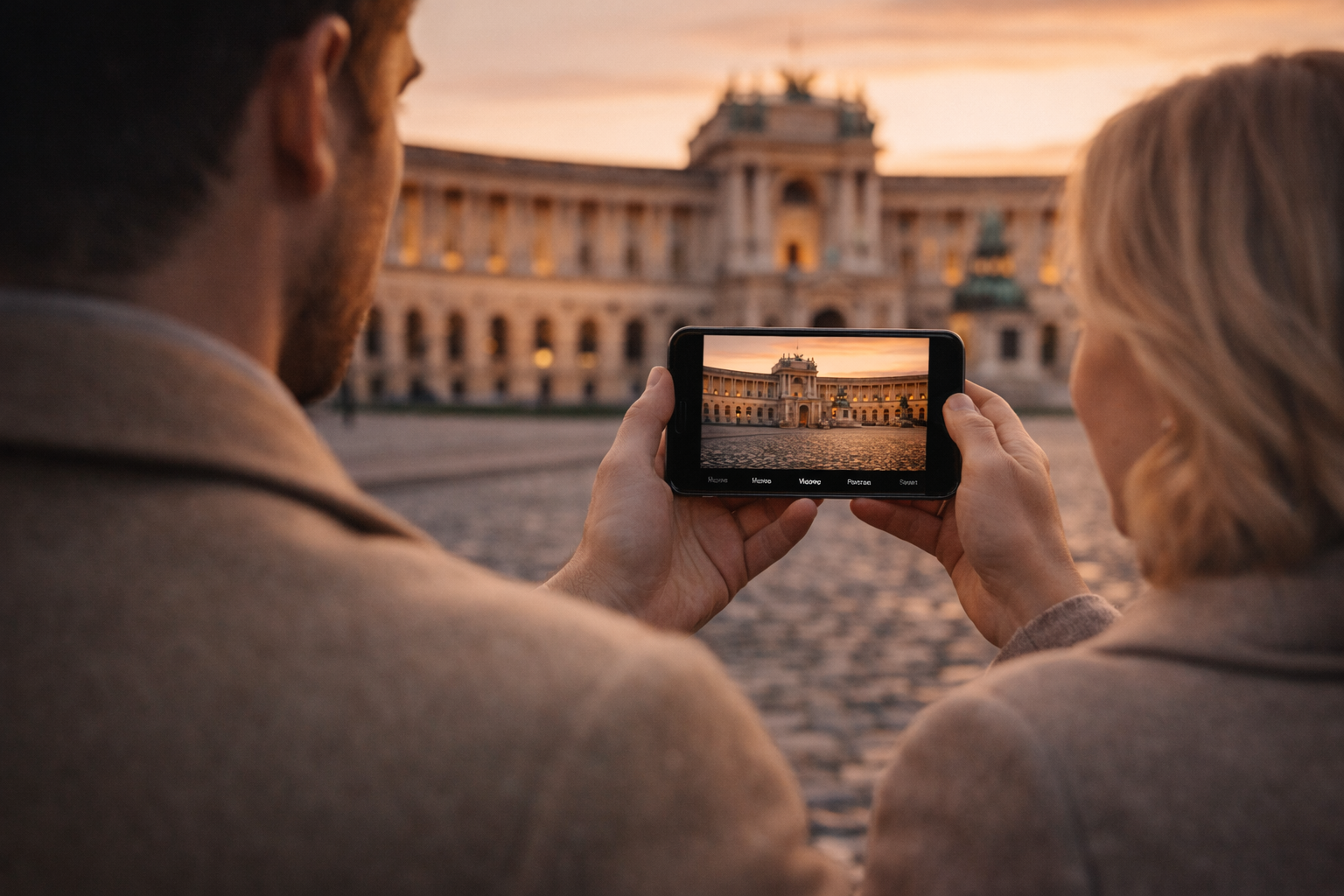 Travelers photograph the Hofburg Palace in Vienna on a smartphone with an eSIM for traveling in Austria