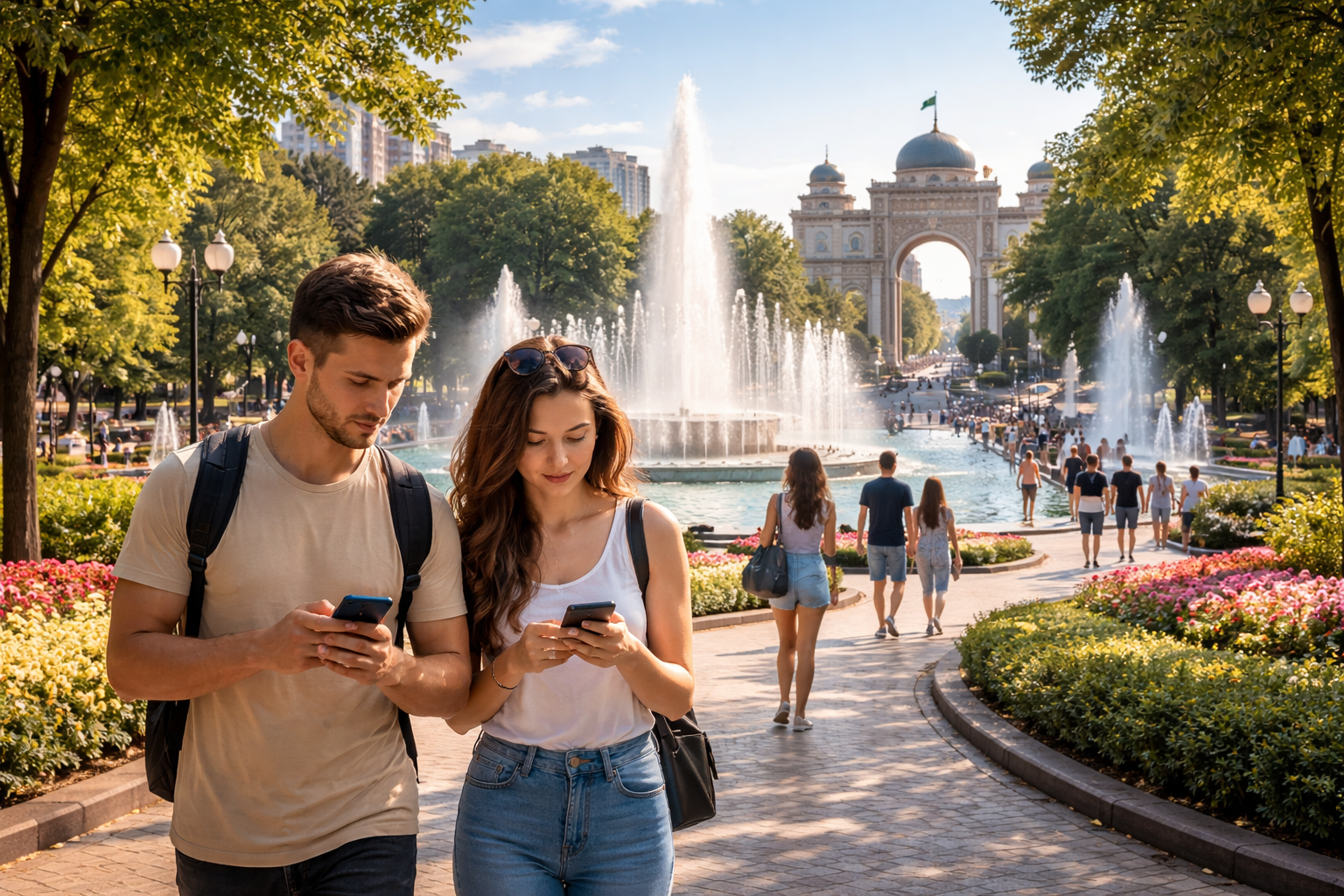 مسافرون يتنزهون في حديقة بشيمكنت بهواتف ذكية وeSIM