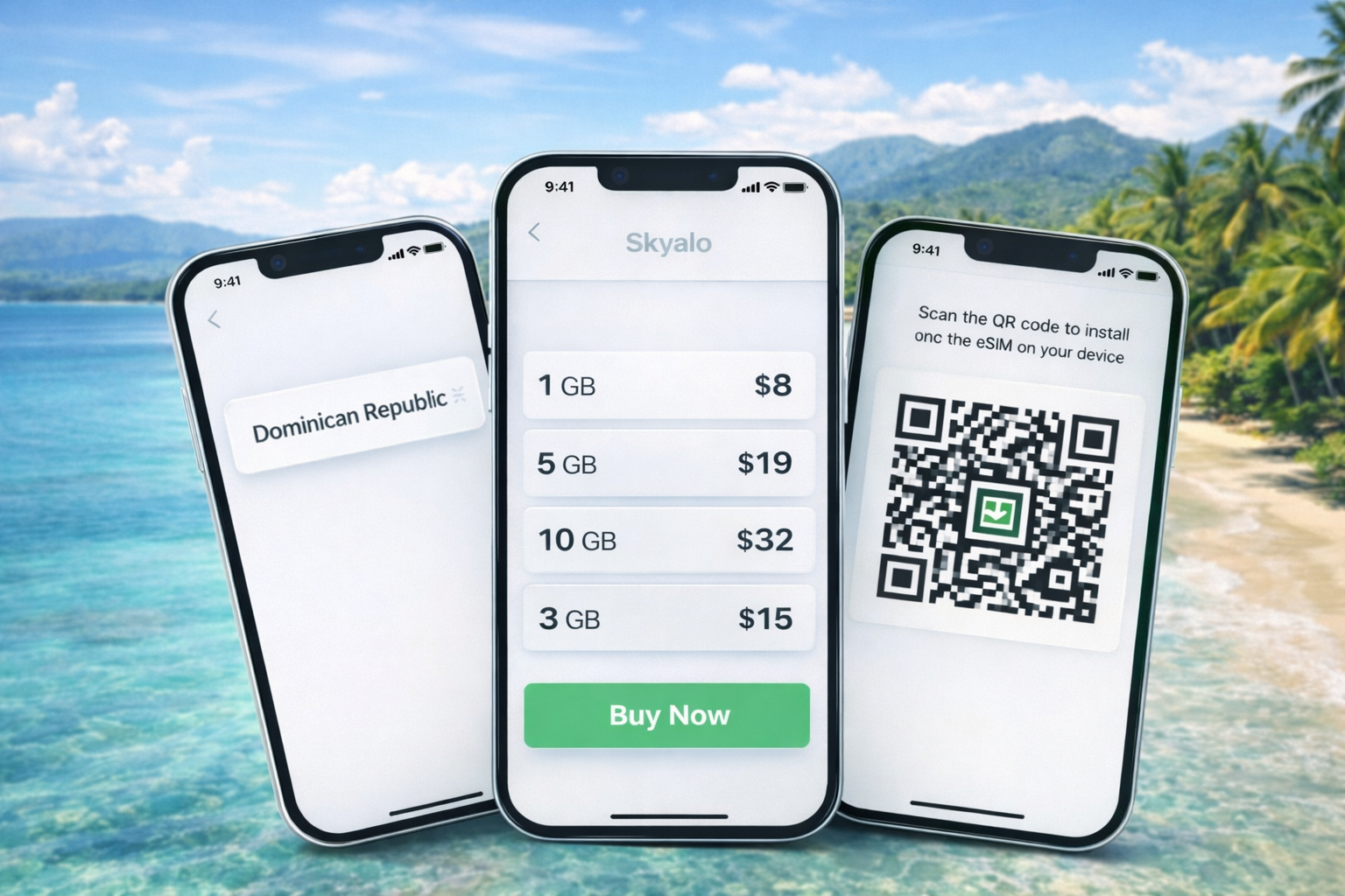 Smartphones amb l’aplicació Skyalo i una eSIM per a la República Dominicana sobre una platja tropical amb palmeres i aigua turquesa