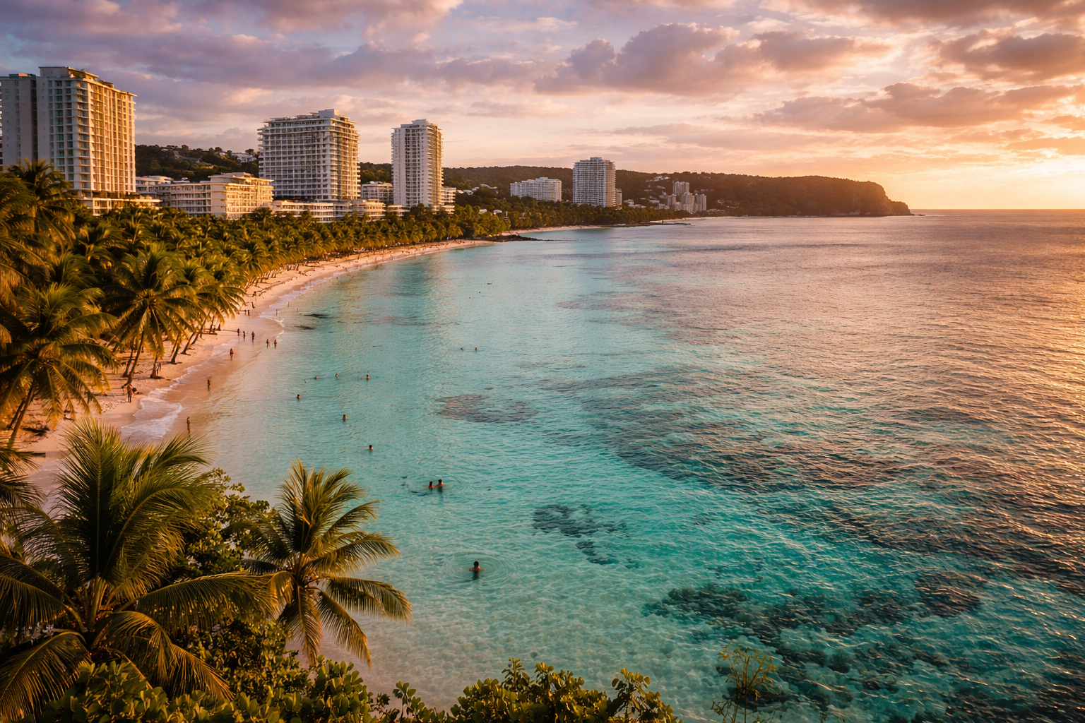 Tumon Bay with turquoise water, a beach, and tourists in the background