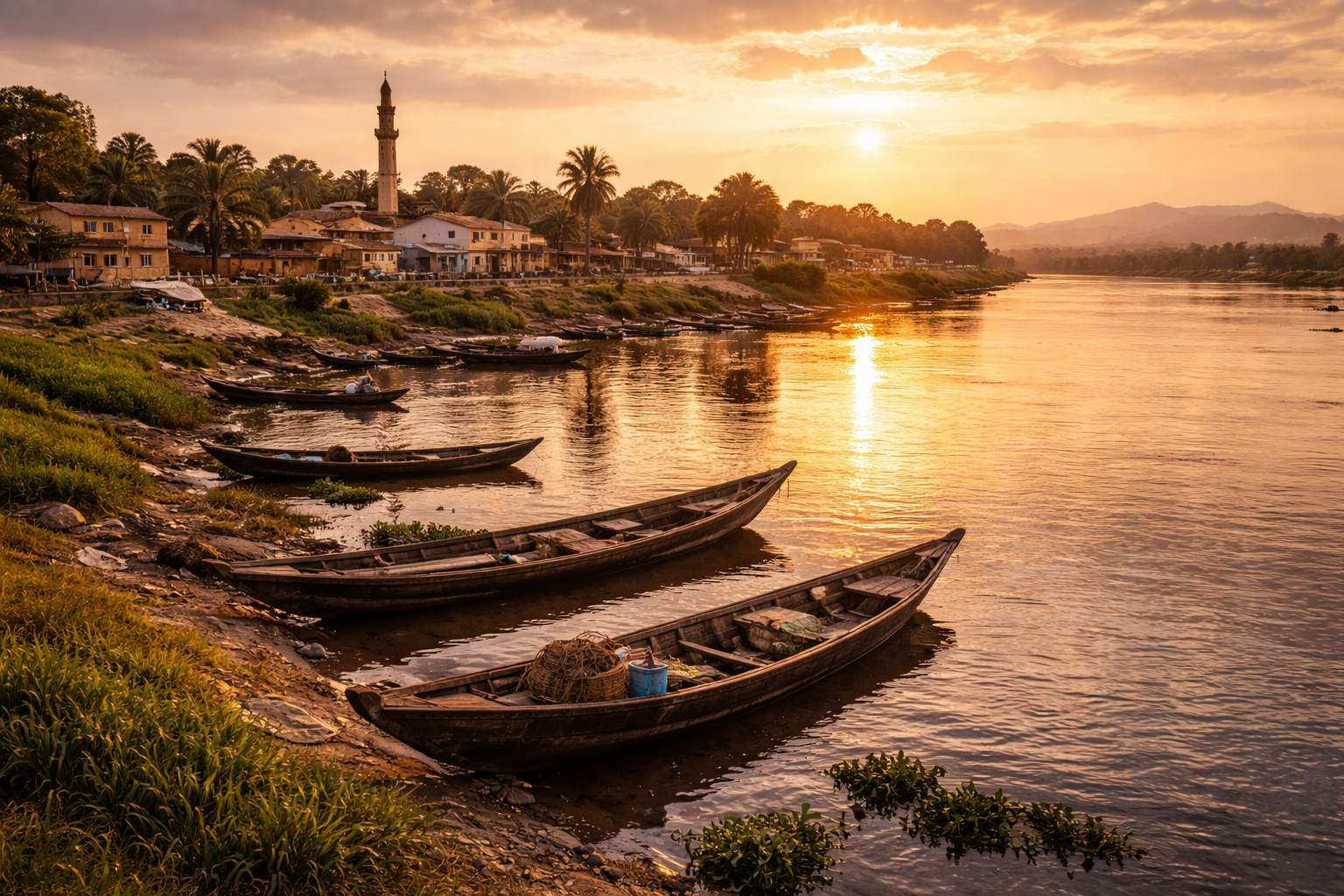 Garoua by the river with boats and sunset light