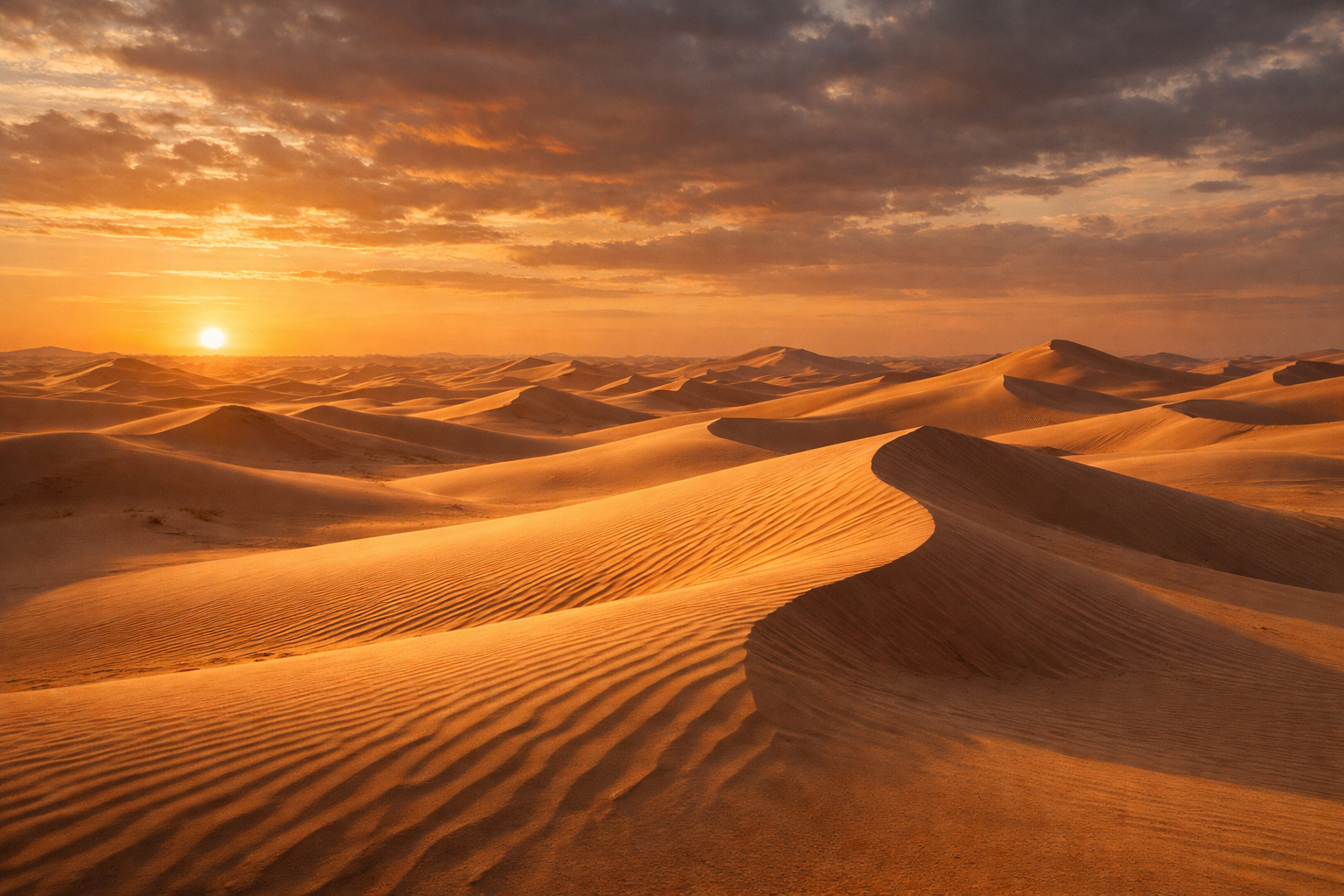Sanddyner i Sahara i Tunisia ved solnedgang med mykt lys