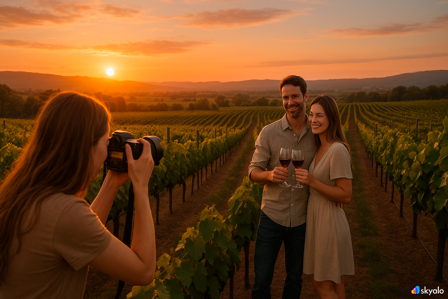 Photo session in Hunter Valley vineyards, wine tasting and a glowing sunset