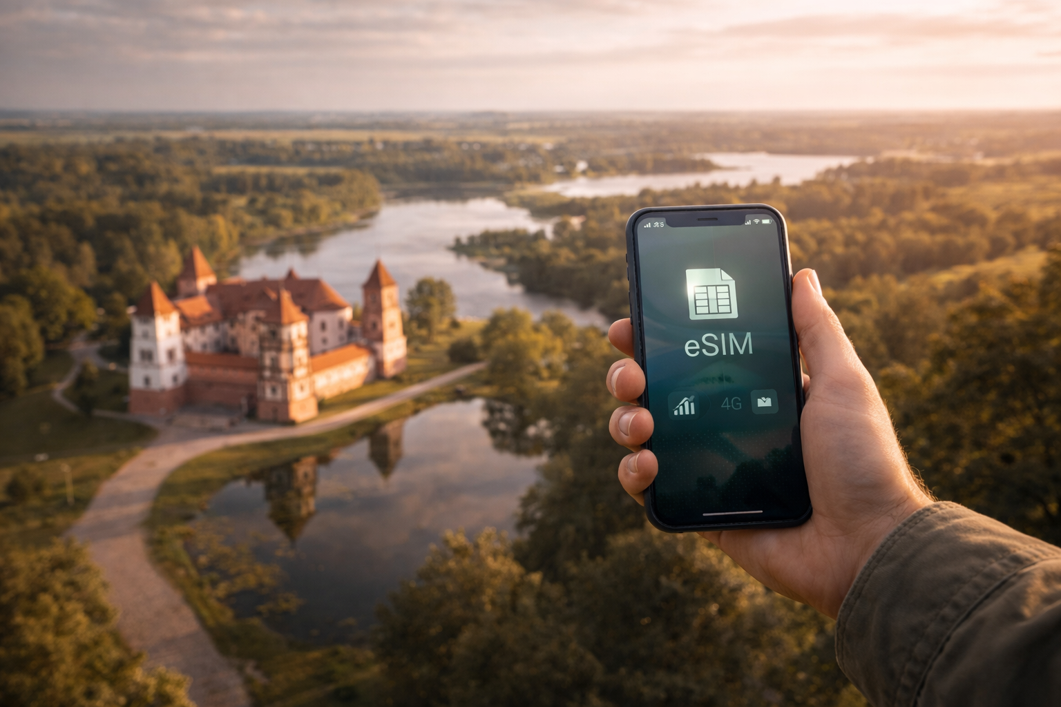 スマートフォンと有効化されたeSIMを持つ旅行者が、ベラルーシの自然と城を背景に旅を楽しむ様子