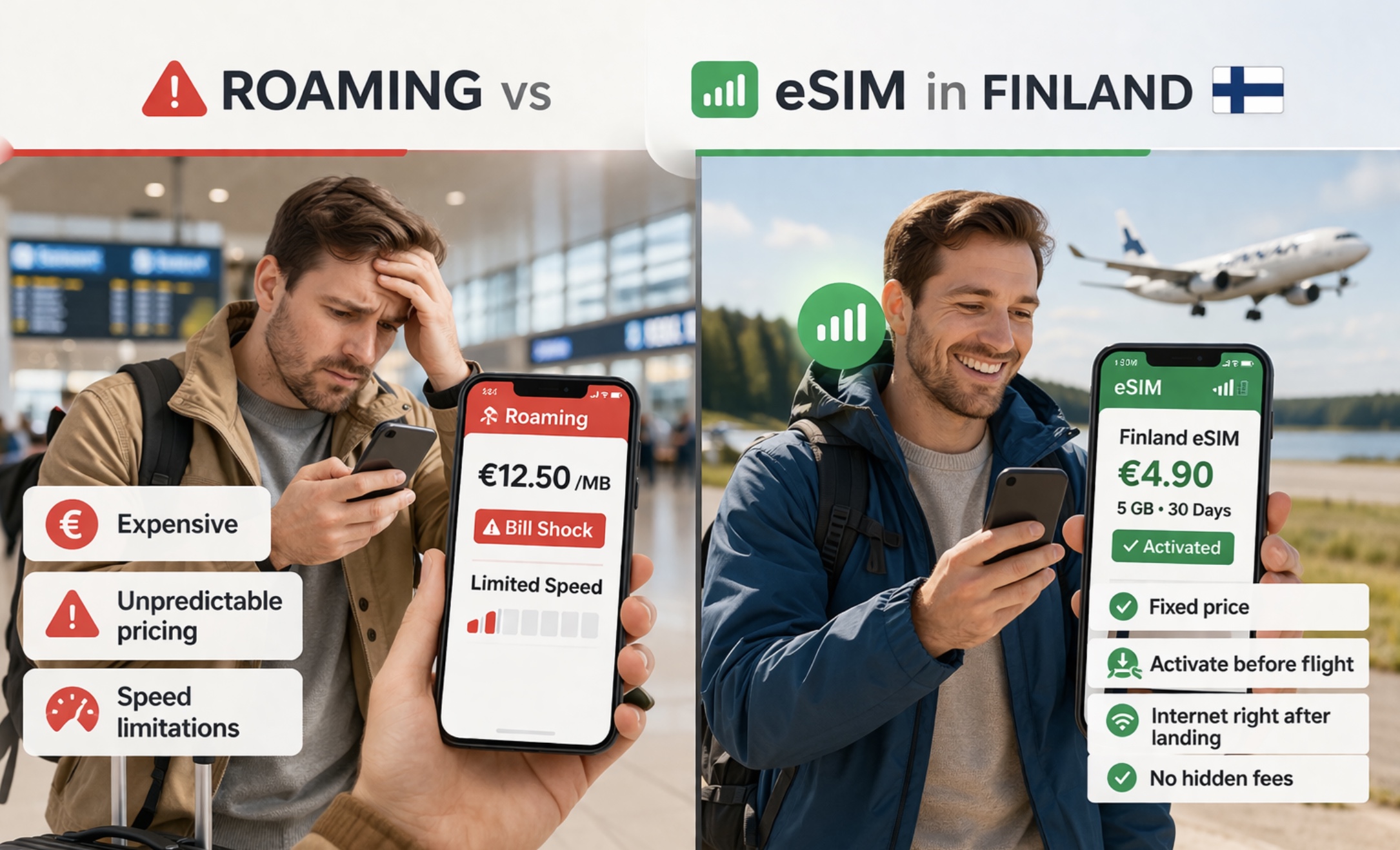 אינפוגרפיקה להשוואה בין נדידה ל-eSIM בפינלנד: משמאל מטייל מאוכזב עם נדידה יקרה ולא יציבה, מימין משתמש eSIM מרוצה עם מחיר קבוע ואינטרנט מהיר מיד אחרי הנחיתה