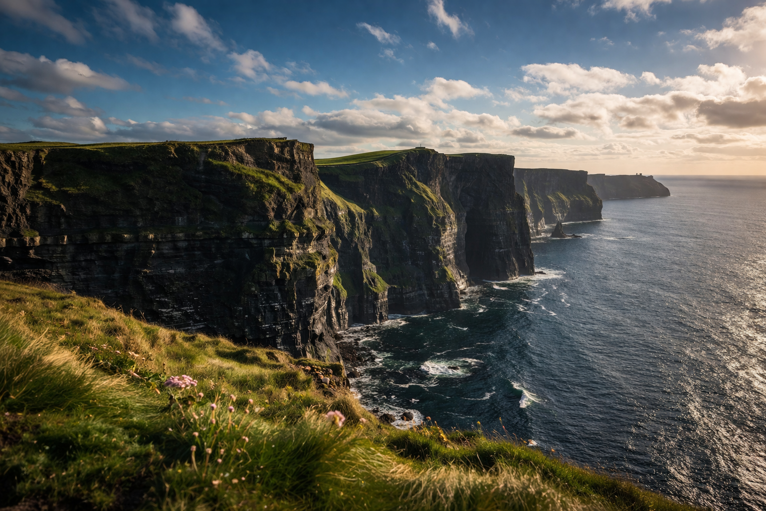 צוקי מוהר באירלנד עם צוקים גבוהים מעל האטלנטי, קצה ירוק של המצוק ונוף אוקיינוס עוצמתי.