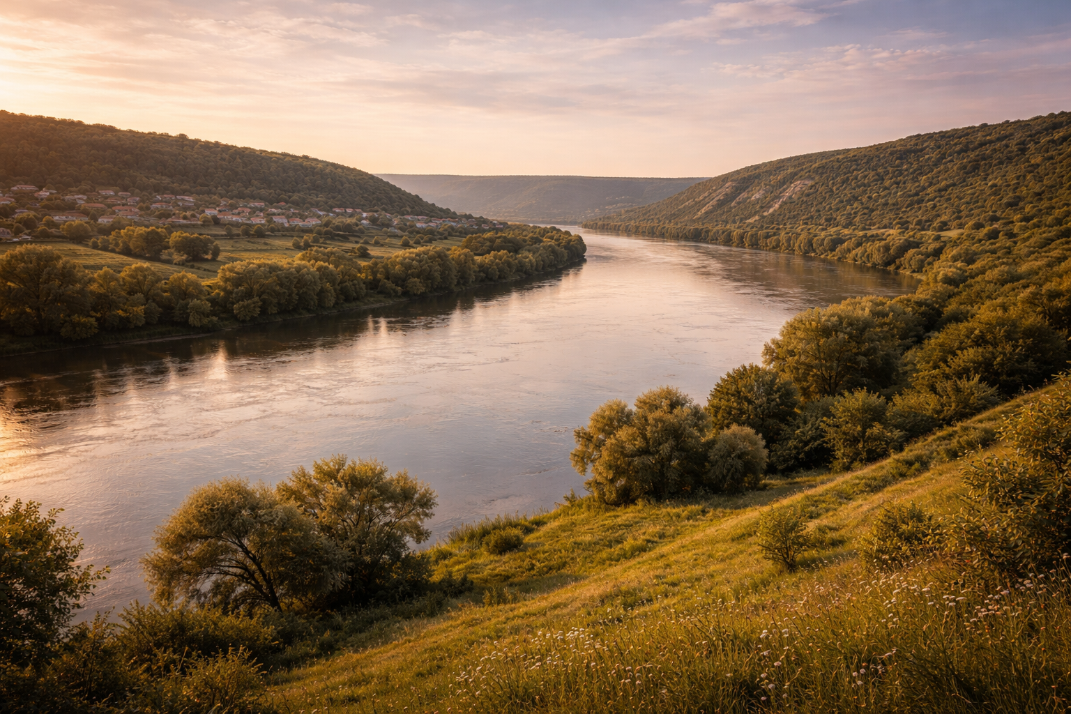 נוף הדנייסטר במולדובה עם נהר רחב, גדות ירוקות, גבעות ואווירה רגועה של טבע.