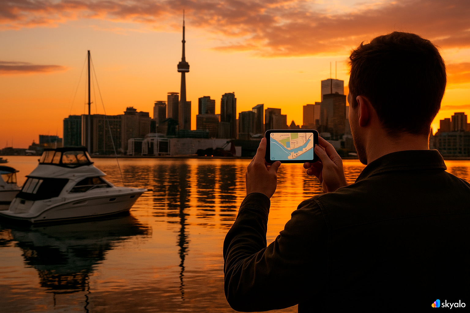 Man photographing Toronto skyline by the lake; ferry map on phone screen, boats and skyscrapers glowing at sunset