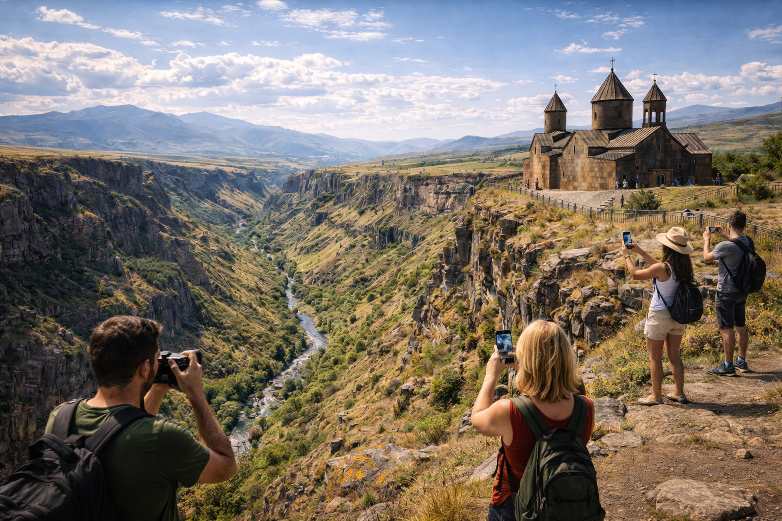 Kasagh Gorge with Saghmosavank Monastery and tourists photographing the panorama while staying online thanks to eSIM