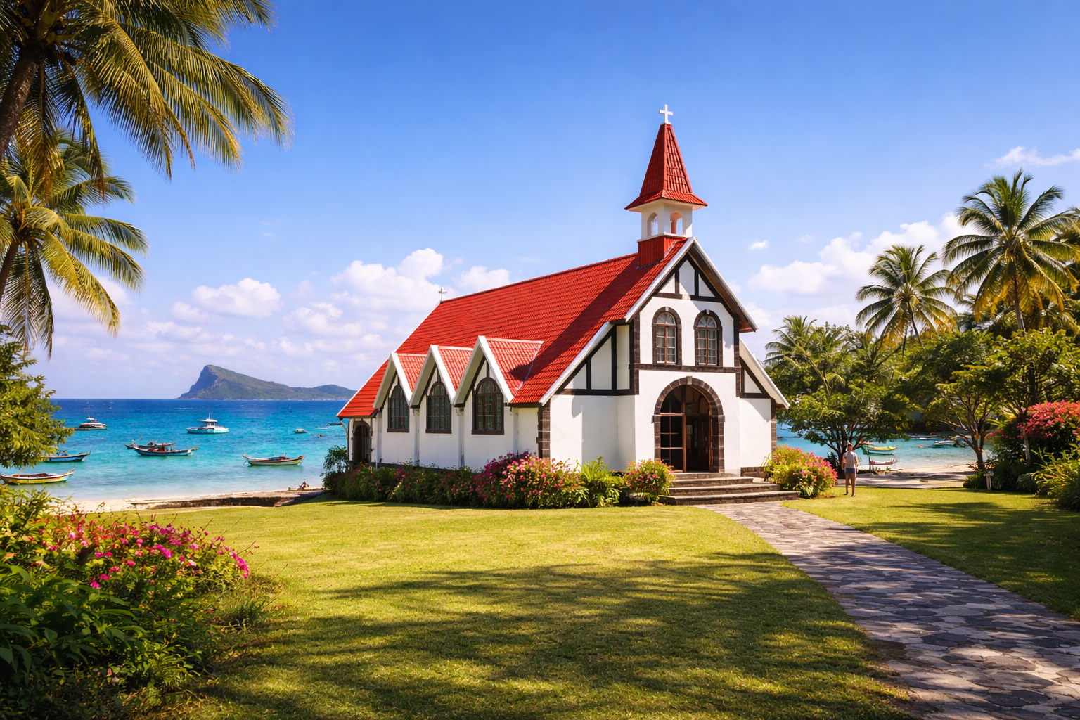 Cap Malheureux in Mauritius with a white church with a red roof, palm trees, and a peaceful ocean scene in the background