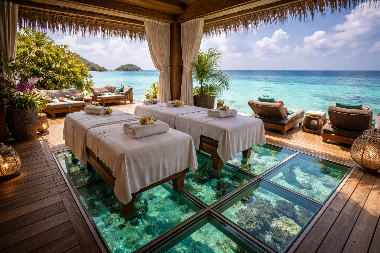 An overwater spa villa above a clear lagoon