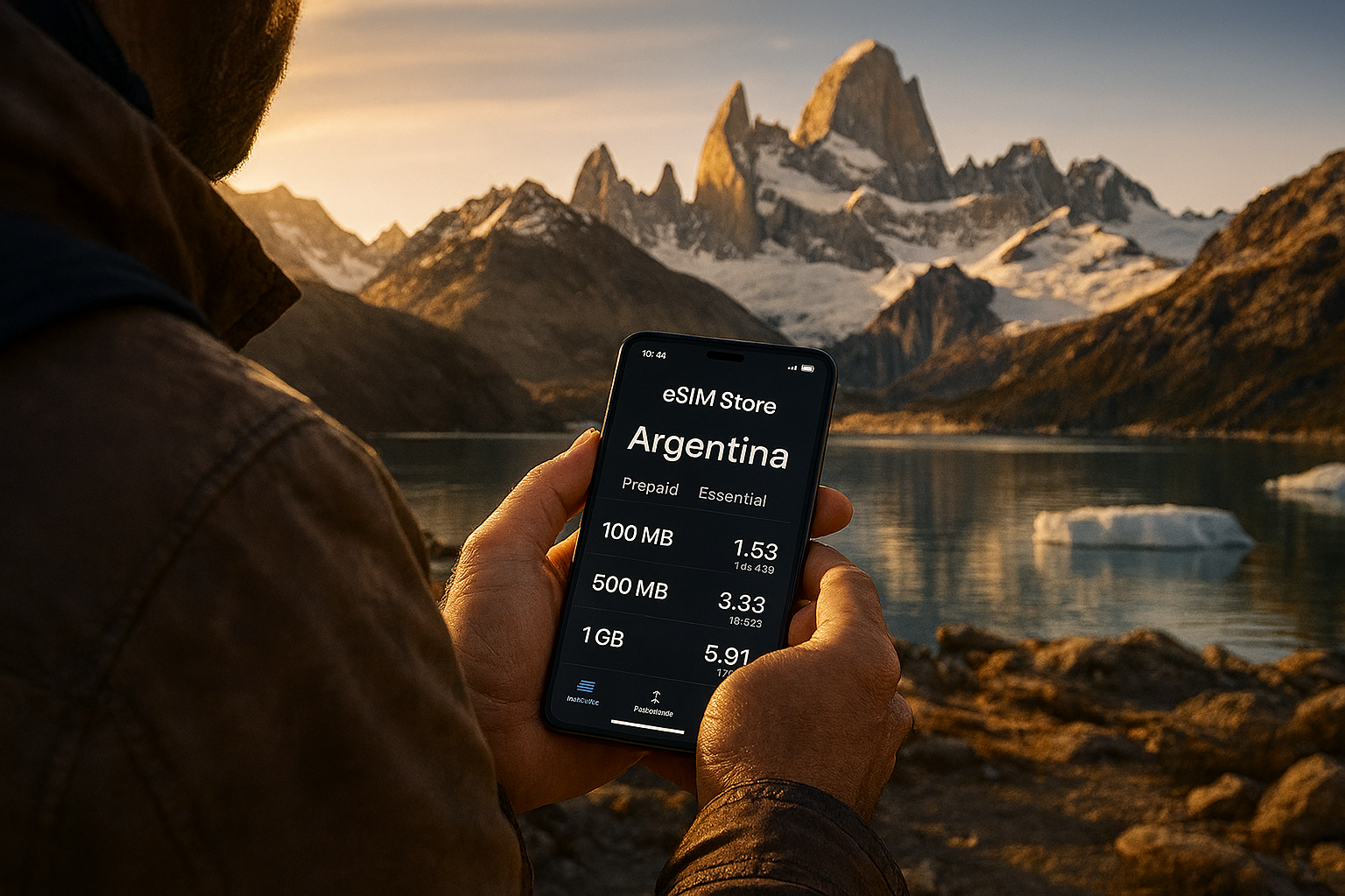 A traveler in Patagonia with the Andes and a glacial lake behind them holds a smartphone with an activated eSIM and mobile network