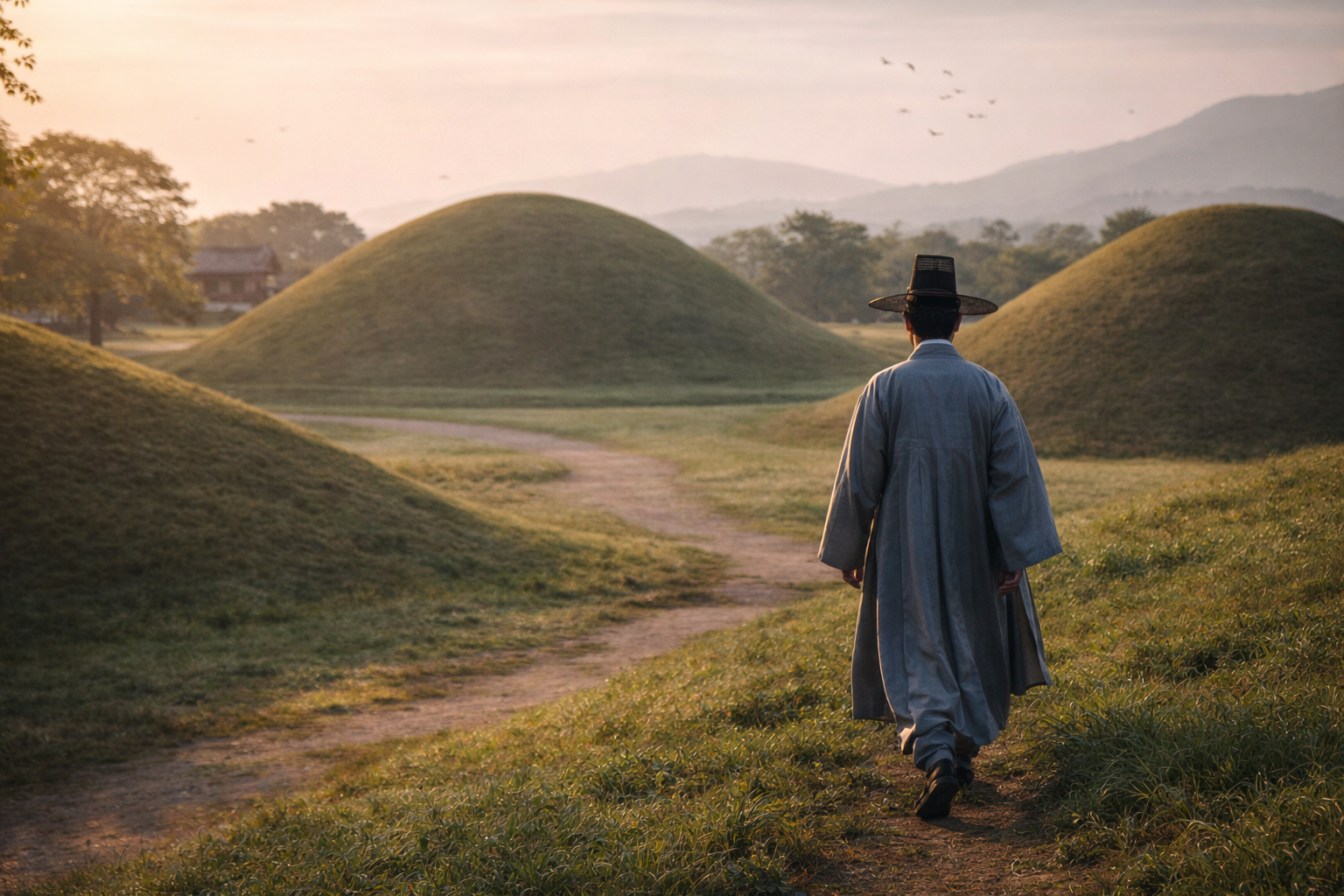 Osoba wśród starożytnych kurhanów w Gyeongju